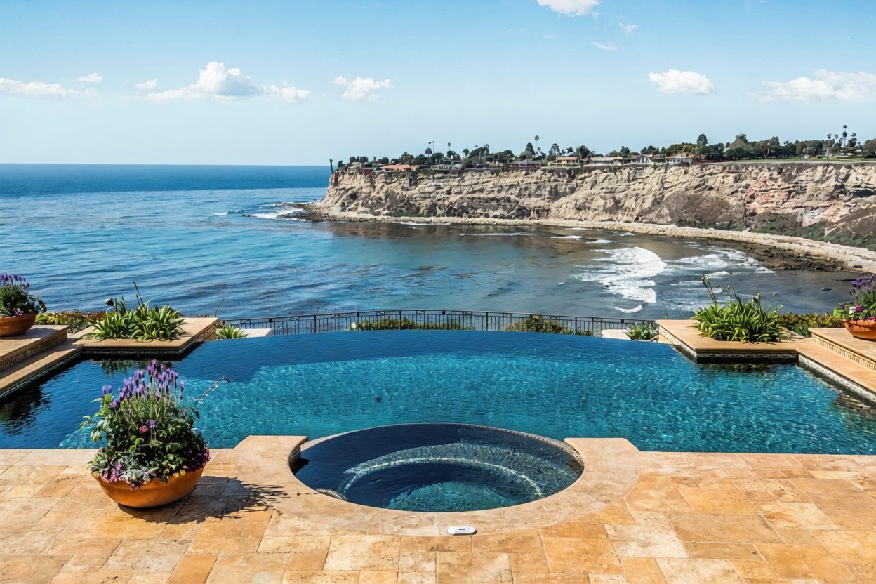 This stunning infinity-edge pool and integrated circular spa overlook a dramatic coastal cliffside and the vast ocean. The pool deck is paved with warm-toned stone tiles and features symmetrical potted plants, creating a luxurious and serene outdoor living space. The perspective captures the seamless transition from the tranquil water of the pool to the crashing waves of the sea below.