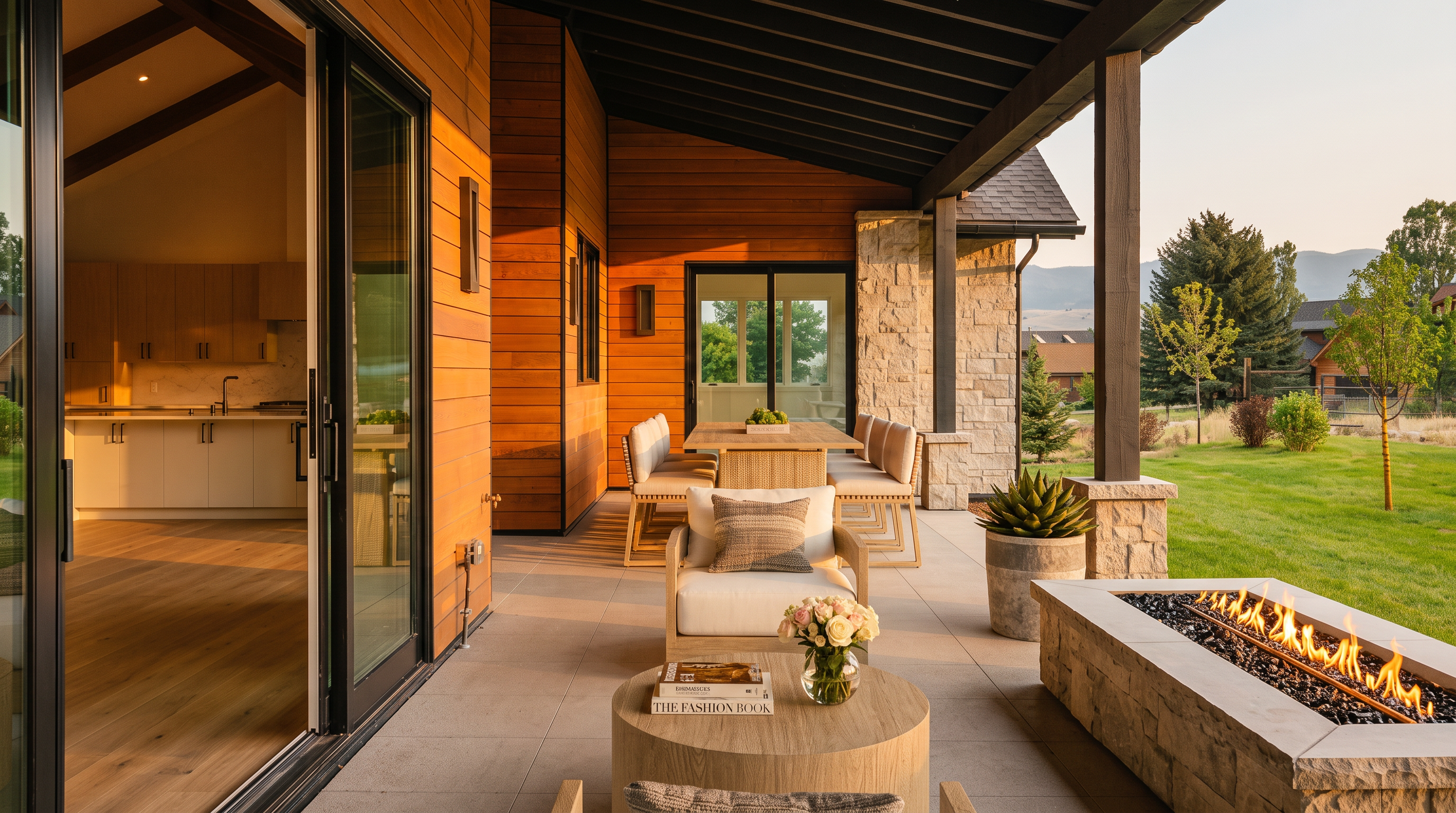 This stunning contemporary patio area features a seamless transition from the interior kitchen through large glass sliding doors to an expansive covered outdoor living space. The setup includes a sophisticated stone linear fire pit, comfortable lounge seating, and an alfresco dining area, all framed by elegant wood-clad walls and stone pillars. This inviting outdoor retreat offers scenic views of a manicured lawn and the surrounding landscape, perfect for relaxed entertaining.
