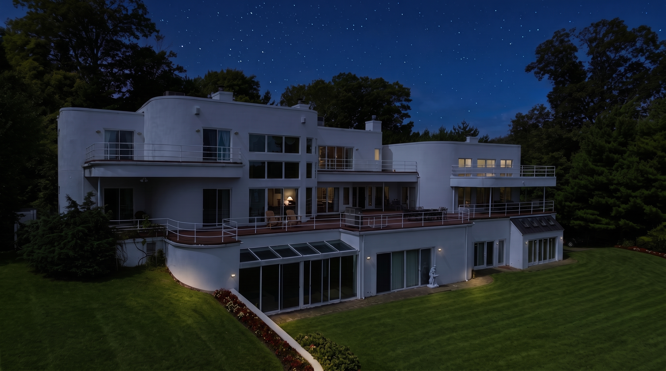 This is a stunning rear view of a large, modern white mansion at night under a starry sky. The property features expansive balconies, spacious terraces, and floor-to-ceiling glass doors, creating a luxurious and serene outdoor aesthetic. It is complemented by meticulously manicured lawns and subtle, sophisticated exterior lighting.