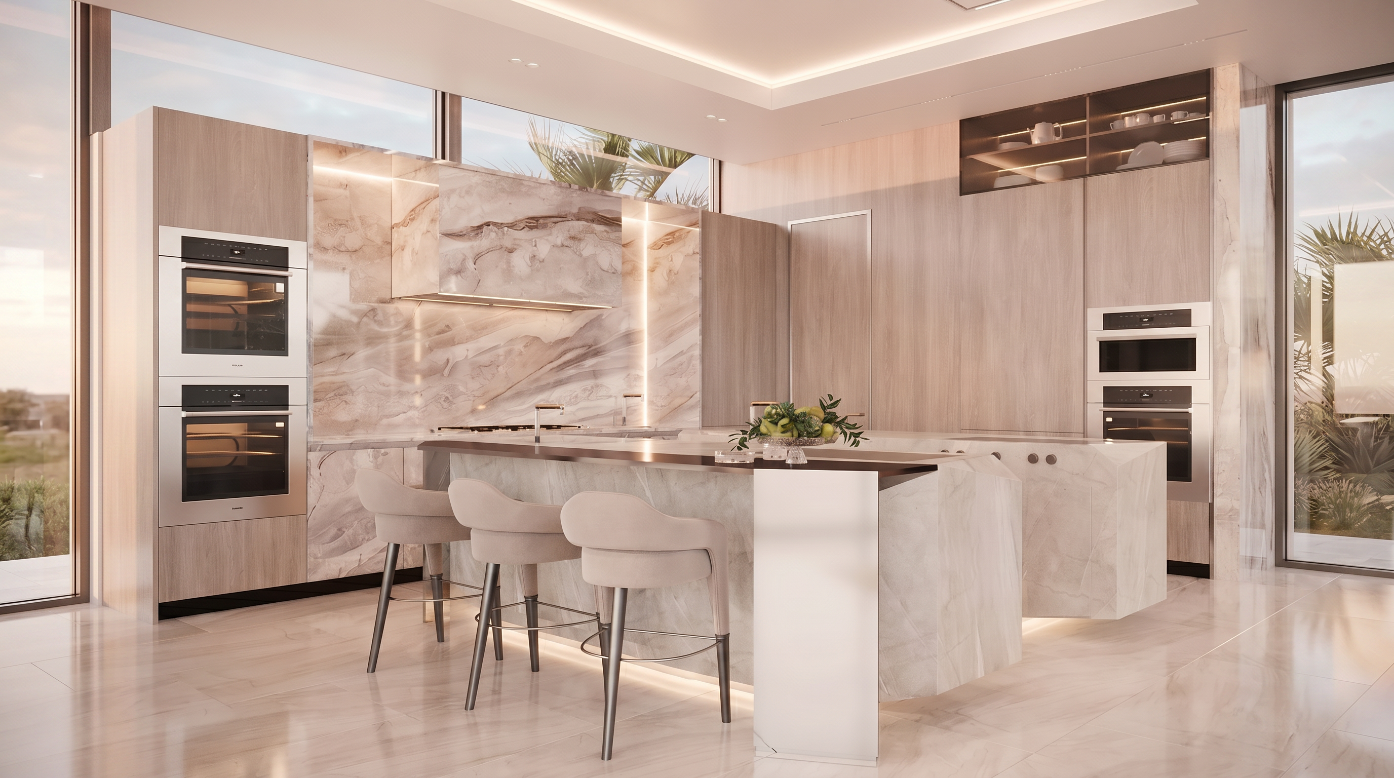 This sophisticated, modern kitchen features a large central island with bar seating and a sleek, light-toned stone finish. The space is defined by high-end built-in appliances, light wood cabinetry, and a striking stone backsplash that extends behind the range hood. Large windows above the counter allow natural light to flood the room, creating an airy and luxurious atmosphere.
