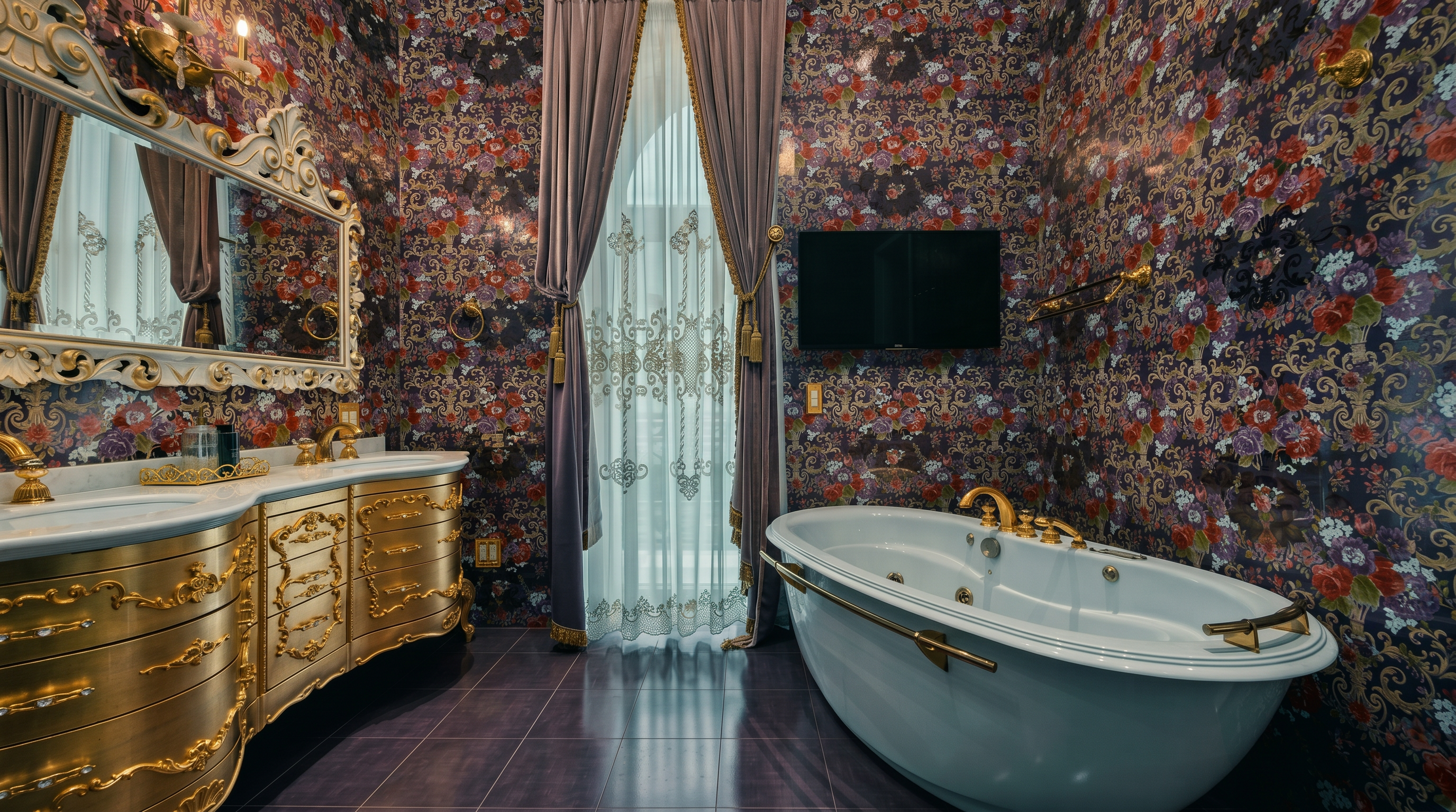 This opulent primary bathroom features dramatic floral wallpaper in shades of purple and gold, paired with a matching purple tiled floor. The space is anchored by a luxurious white soaking tub with gold fixtures and a grand, ornate gold vanity with a matching mirror. A large window draped in elegant, floor-to-ceiling mauve curtains adds a touch of regal sophistication to the room.