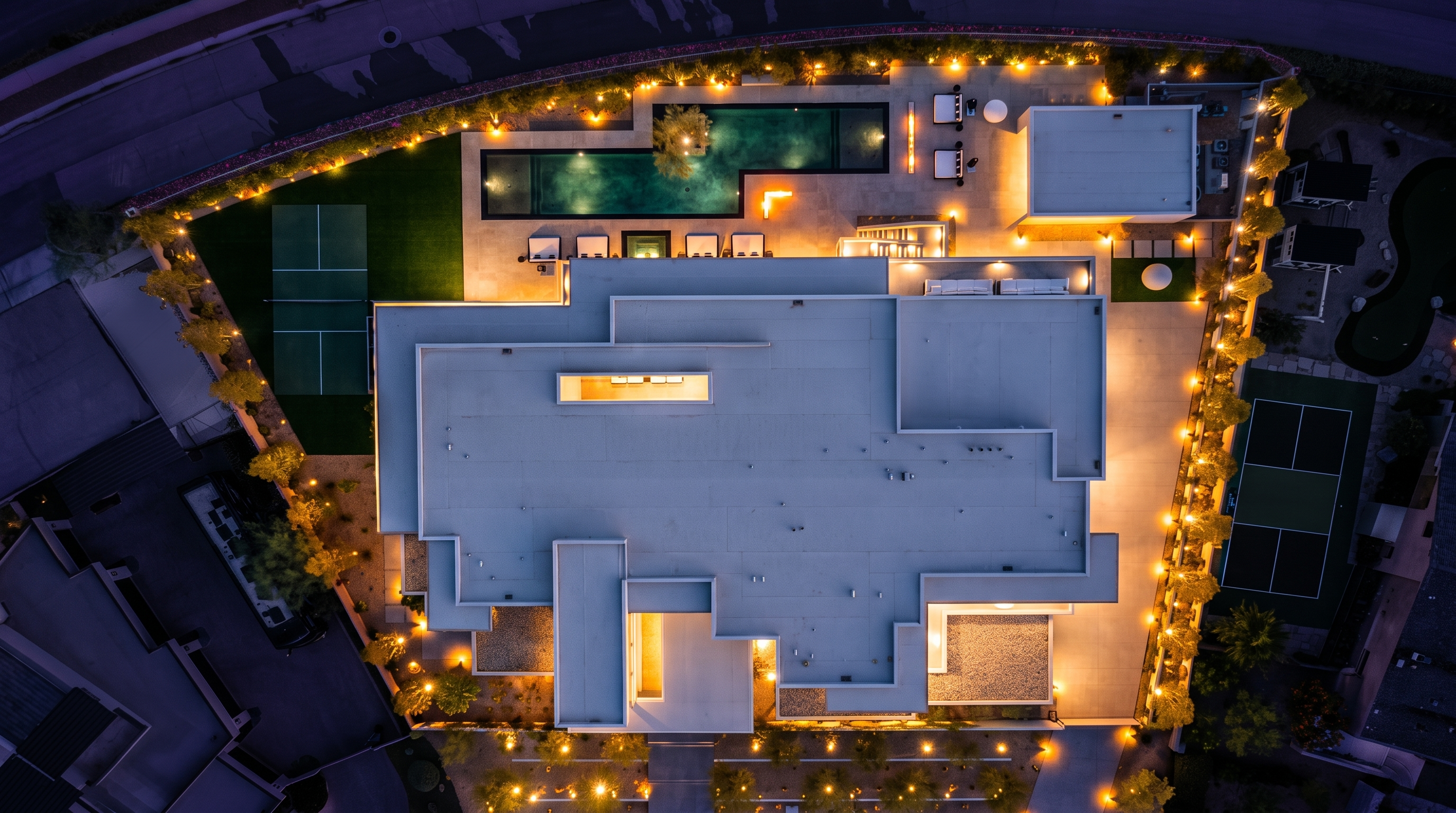 This high-angle aerial view captures a sprawling, modern luxury estate at dusk, illuminated by warm landscape and pool lighting. The property features a large rectangular swimming pool, a private pickleball or sports court, and extensive paved patio areas surrounding the multi-winged architectural structure. The clean lines and geometric layout of the roof and grounds create a sophisticated, high-end residential aesthetic.