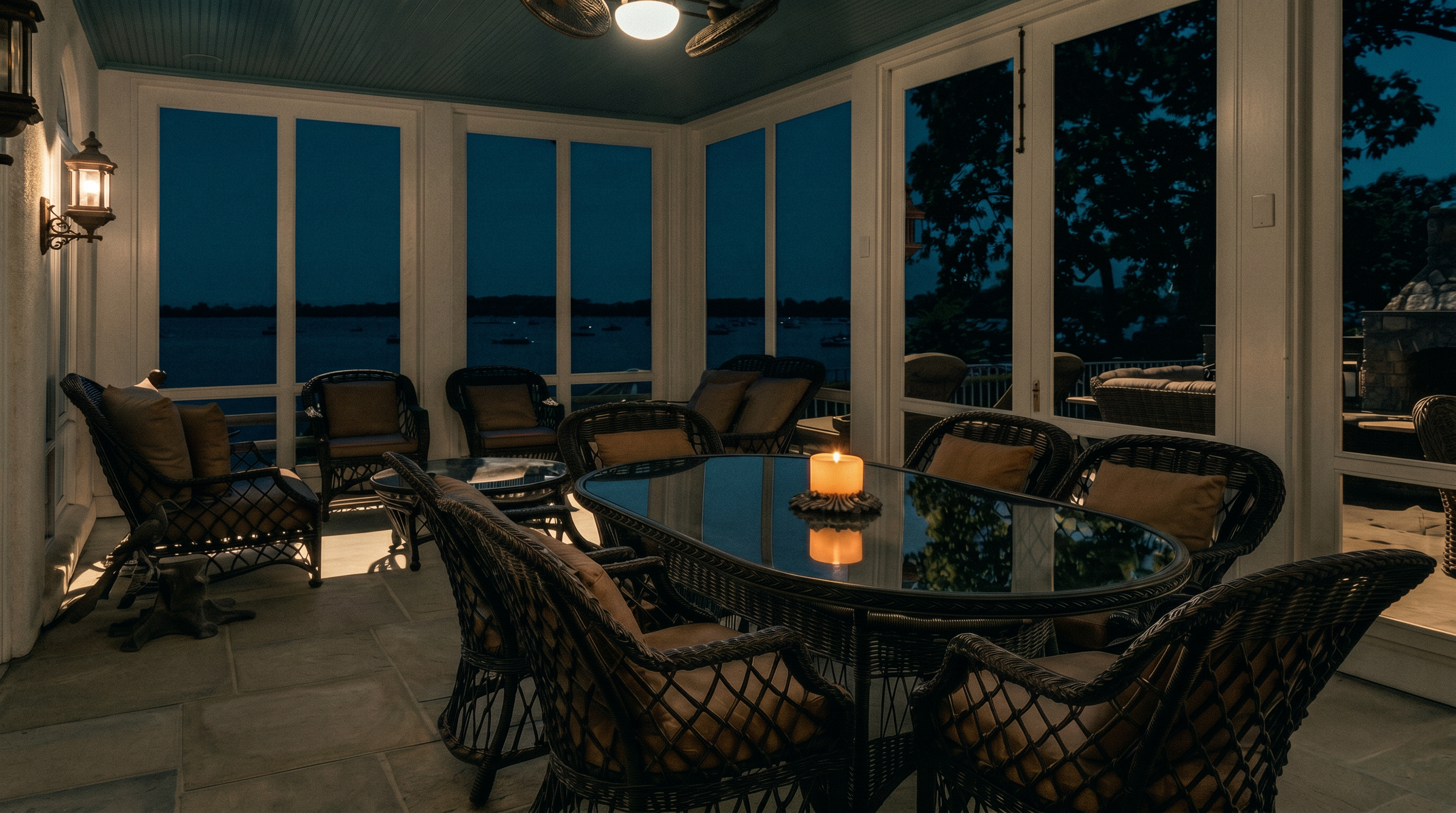 This bright and airy sunroom features a dining set with wicker chairs and a glass-topped table, set against a backdrop of expansive windows that offer panoramic water views. The space is finished with a light blue beadboard ceiling and stone flooring, creating a relaxed, coastal atmosphere. The room seamlessly connects to an outdoor patio area, emphasizing a fluid transition between indoor and outdoor living.