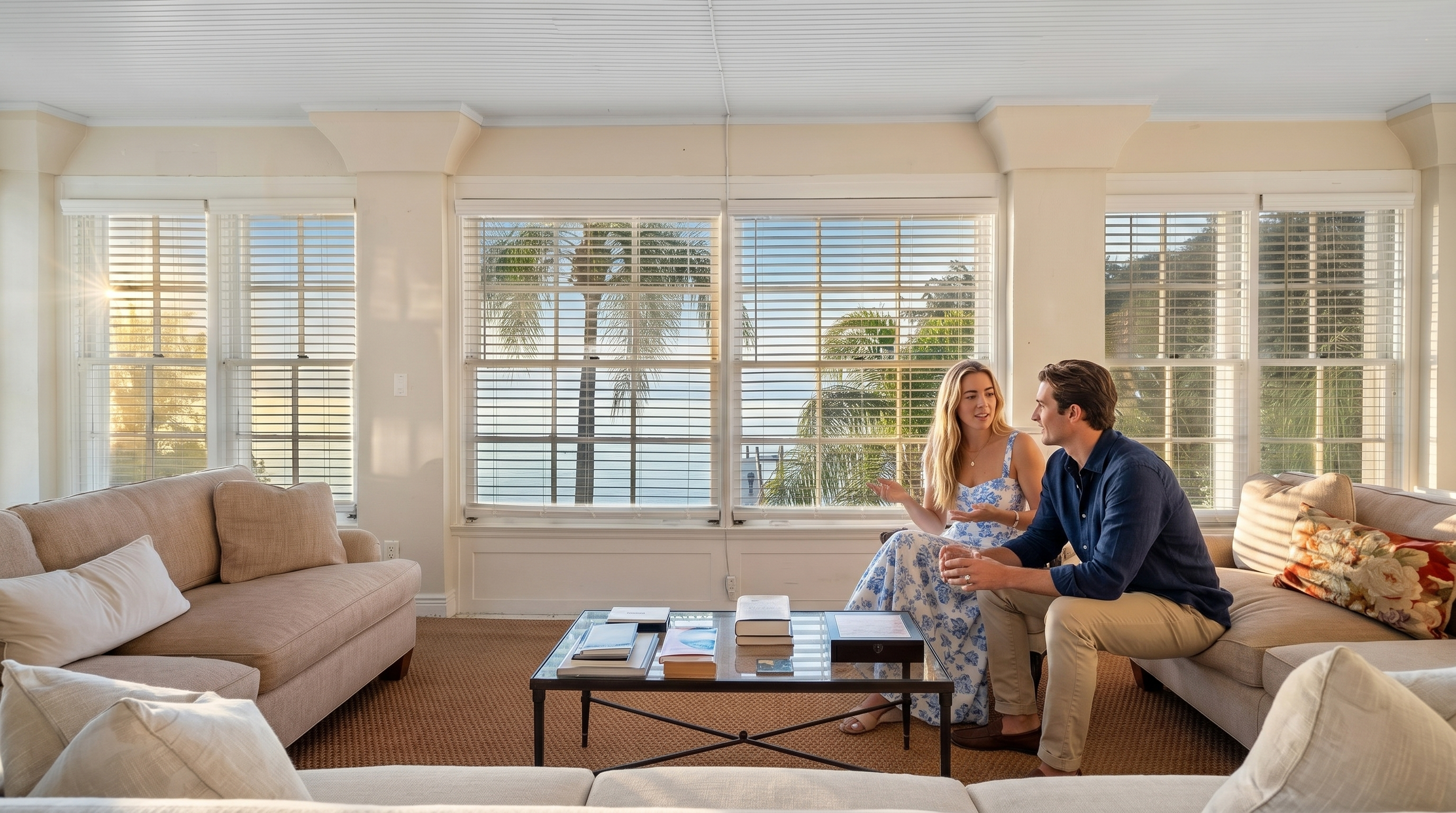 This bright and airy living room features a symmetrical layout with two plush beige sofas facing each other across a central glass-topped coffee table. A large wall of windows with white blinds provides a clear view of the water and palm trees outside, filling the space with natural light. The room is finished with a textured brown area rug and a white paneled ceiling, creating a relaxed and inviting atmosphere.
