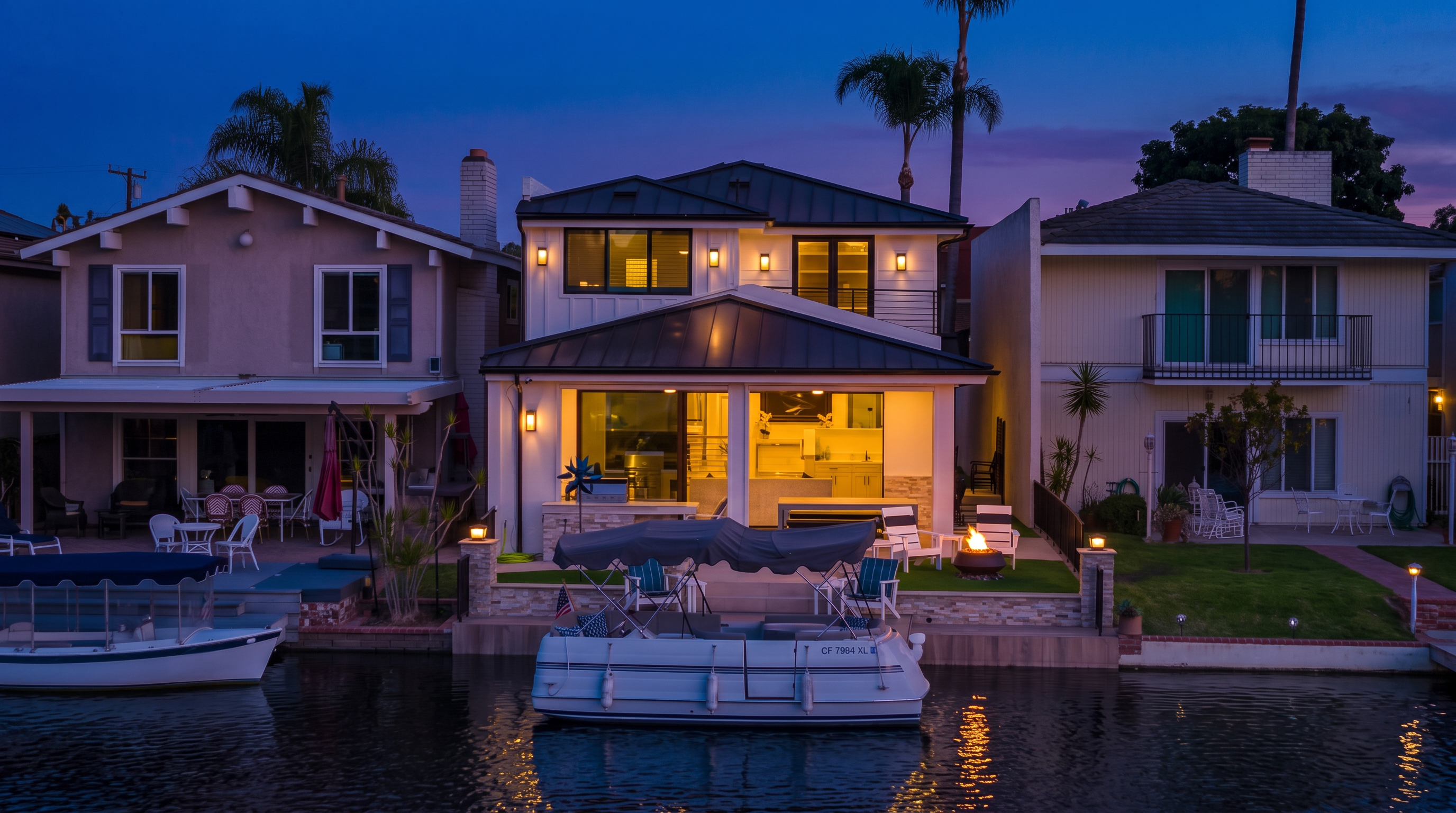 This stunning waterfront property features a modern, two-story house with a contemporary dark metal roof and white exterior siding. The home includes a beautifully appointed rear patio area with outdoor seating, a fire pit, and direct access to a private boat dock on the canal. The picturesque setting at sunset highlights its appeal as a prime residential waterfront retreat.