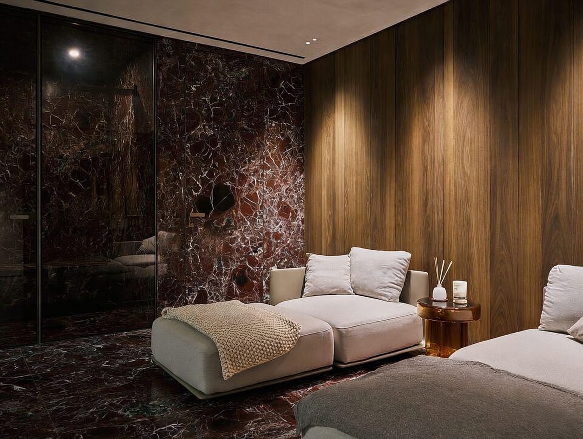 This sophisticated spa-like lounge area features a striking contrast between deep red marble walls and warm, vertical wood paneling. A plush, light-toned chaise lounge sits on the matching marble floor, complemented by a small amber-glass side table and minimalist decor. The cinematic perspective highlights the luxurious textures and moody, recessed lighting, creating an atmosphere of high-end relaxation.