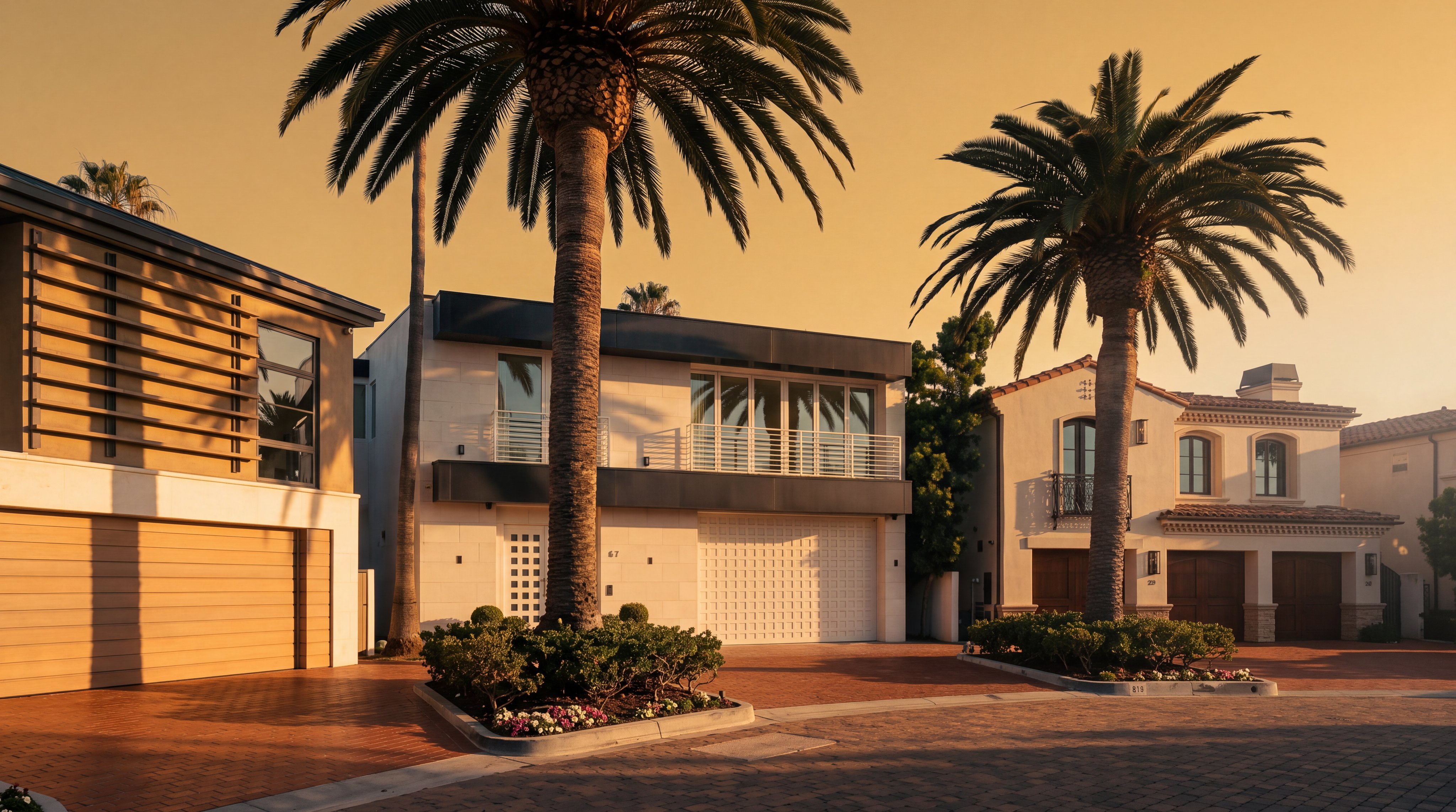 This front-facing view captures a modern, two-story residence characterized by clean lines and a minimalist aesthetic. The facade features a white stone finish, a prominent white garage door, and a second-story balcony with a metal railing. Tall palm trees frame the property on either side, enhancing the coastal atmosphere, while a brick-paved driveway leads up to the home's entrance.
