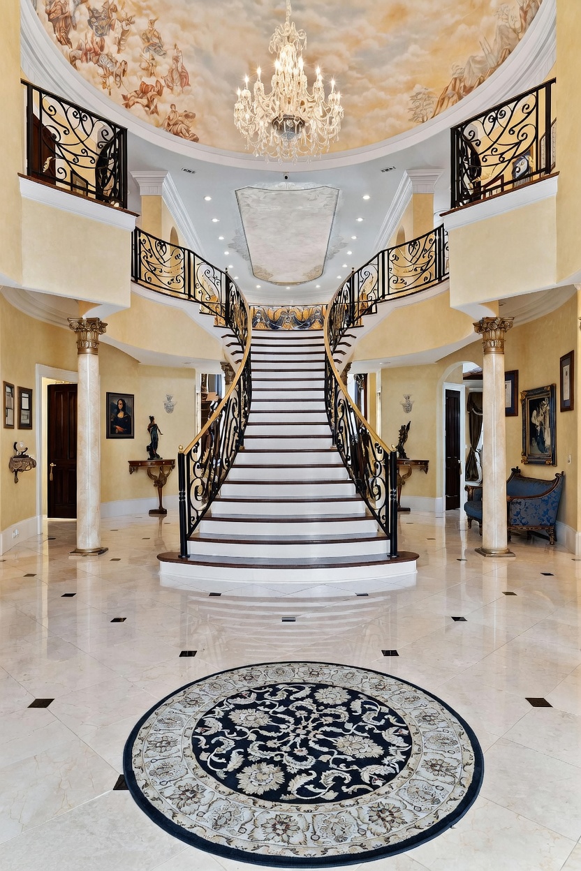 This grand foyer features a dramatic double staircase with ornate wrought-iron railings that sweep upward toward a second-floor landing. The space is anchored by a large, circular patterned rug on light-colored stone flooring, beneath a massive crystal chandelier and a detailed ceiling mural. Flanked by decorative columns and classic artwork, the entryway exudes a formal, opulent aesthetic.