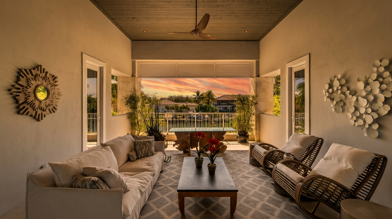 This bright and airy covered patio or sunroom features a high, wood-paneled ceiling with a central fan and recessed lighting. The space is furnished with a white sofa, two rattan rocking chairs, and a central coffee table, all arranged on a patterned area rug. Large, open-air views of a canal and neighboring homes are framed by the structure, creating a seamless transition between indoor comfort and outdoor scenery.