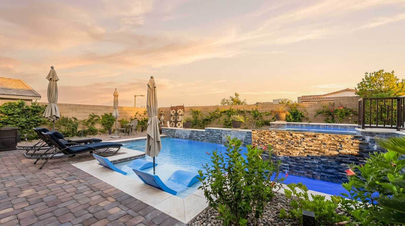 This backyard oasis features a modern swimming pool with a raised spa and a striking stacked-stone water feature wall. The pool deck is paved with stone pavers and includes built-in lounge chairs submerged in the shallow end, complemented by patio furniture and umbrellas. The scene is framed by a perimeter wall and low-maintenance landscaping, creating a private and inviting outdoor retreat.