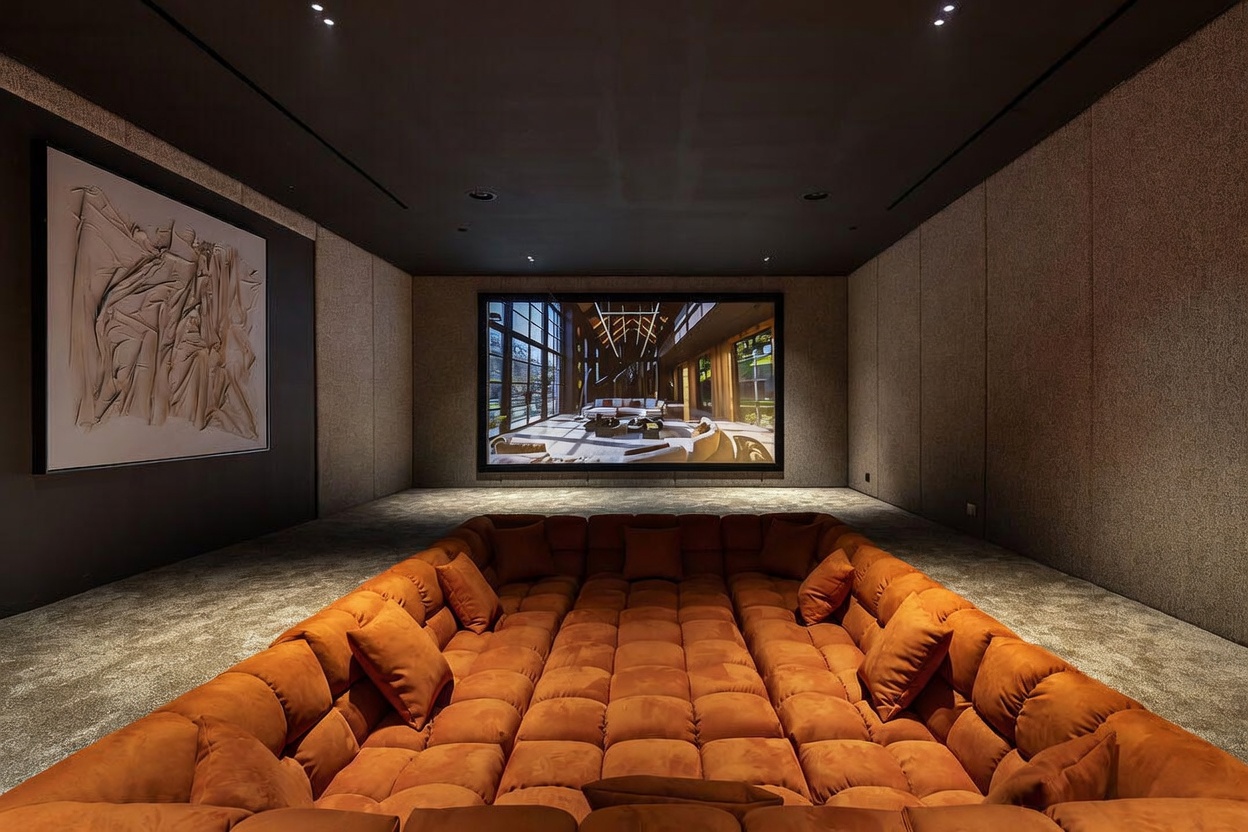 This image showcases a luxurious, dedicated home theater room featuring a large, sunken modular seating area upholstered in a rich, burnt-orange velvet. The room is designed for immersive viewing with a massive wall-mounted screen, dark acoustic-paneled walls, and a minimalist aesthetic. The perspective is centered and low, emphasizing the expansive, cozy seating arrangement and the cinematic atmosphere of the space.