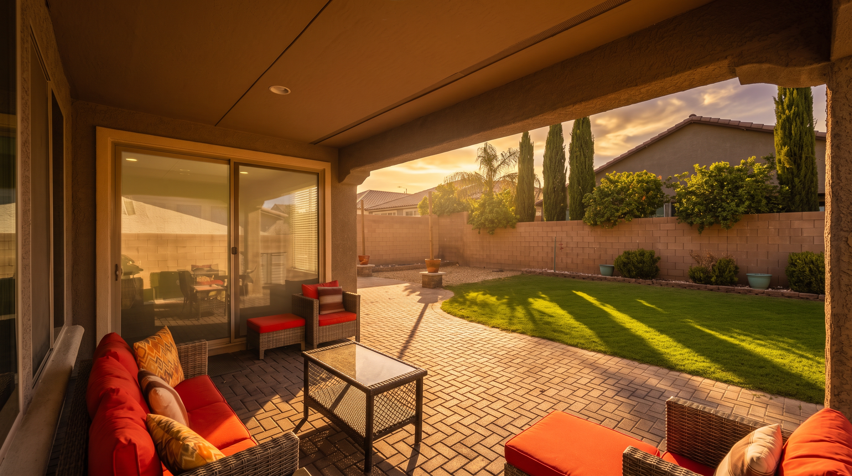 This covered patio space features a paved brick floor and comfortable outdoor seating with vibrant red cushions, creating an inviting area for relaxation. The patio opens directly onto a well-maintained grassy backyard enclosed by a tall block wall, offering a private and serene outdoor living environment. The perspective captures the transition from the shaded seating area to the sunny lawn, highlighting the home's seamless indoor-outdoor flow.