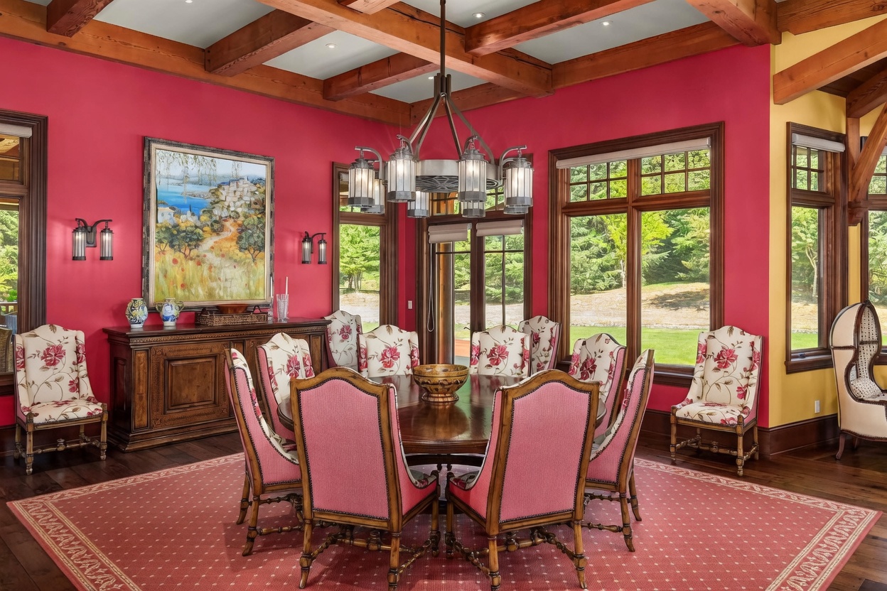 This formal dining room features a large round wooden table surrounded by chairs with pink fabric seats and floral-patterned backs. The room is defined by bold red walls, exposed wood ceiling beams, and a large chandelier hanging above the table. A wooden sideboard sits against the wall beneath a landscape painting, while large windows provide views of the surrounding greenery.
