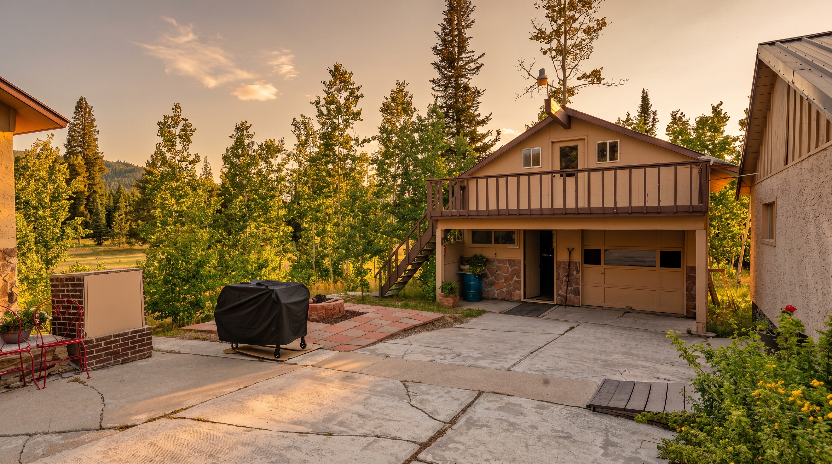 This image captures a detached garage building with a second-story living space, featuring a balcony accessible by an exterior wooden staircase. The structure is finished with light-colored siding and stone accents around the ground-level entrance, set against a backdrop of lush green trees and a clear blue sky. A concrete driveway leads up to the garage, with a covered grill and a small stone-lined fire pit area situated in the foreground.
