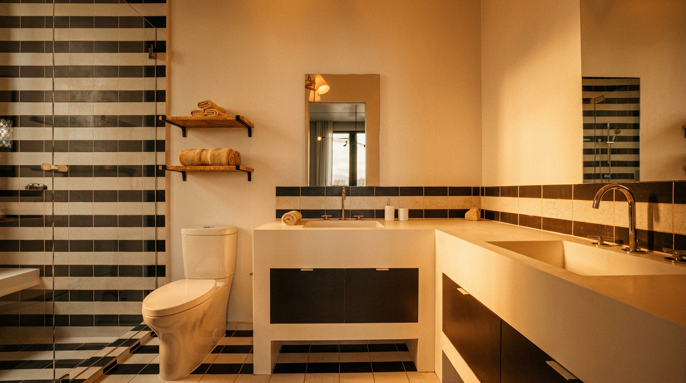 This modern, high-contrast bathroom features a striking black-and-white striped tile design on the walls and floor, creating a bold graphic aesthetic. The space includes a dual-sink vanity with a clean white countertop, a wall-mounted mirror, and a glass-enclosed shower area. Floating wooden shelves provide storage, while the minimalist fixtures and bright lighting contribute to a sleek, contemporary feel.
