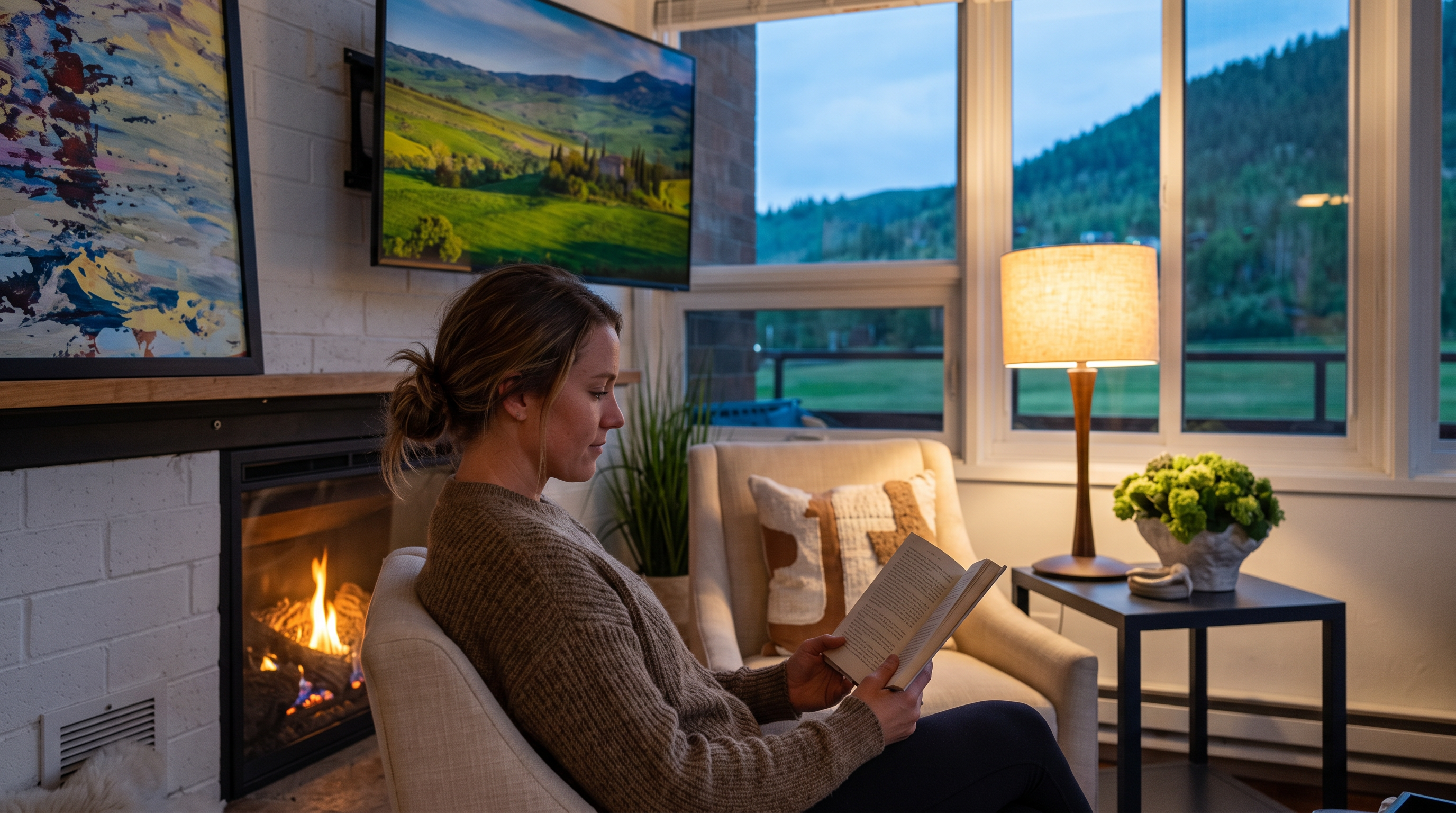 This cozy living area features a woman reading in a plush armchair next to a warm, inviting fireplace and a sleek wall-mounted television displaying scenic landscape imagery. Large windows provide ample natural light and offer picturesque views of the surrounding mountains, while a modern floor lamp and a small side table with greenery enhance the serene, comfortable atmosphere. The room's blend of natural elements and contemporary design creates an ideal space for relaxation.