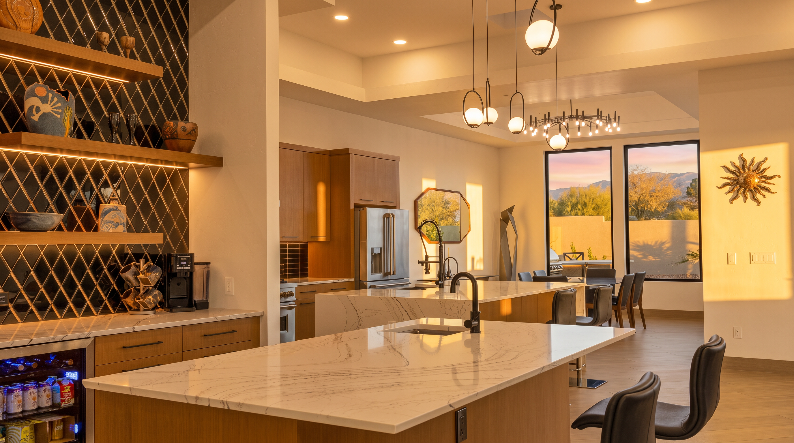 This modern kitchen features a dual-island layout with light-toned wood cabinetry and white stone countertops with subtle veining. A striking feature wall with a dark, diamond-patterned tile backsplash and illuminated floating shelves adds a sophisticated touch, while large windows provide a view of the desert landscape. The space is accented by contemporary pendant lighting and sleek black fixtures, creating a refined and open atmosphere.