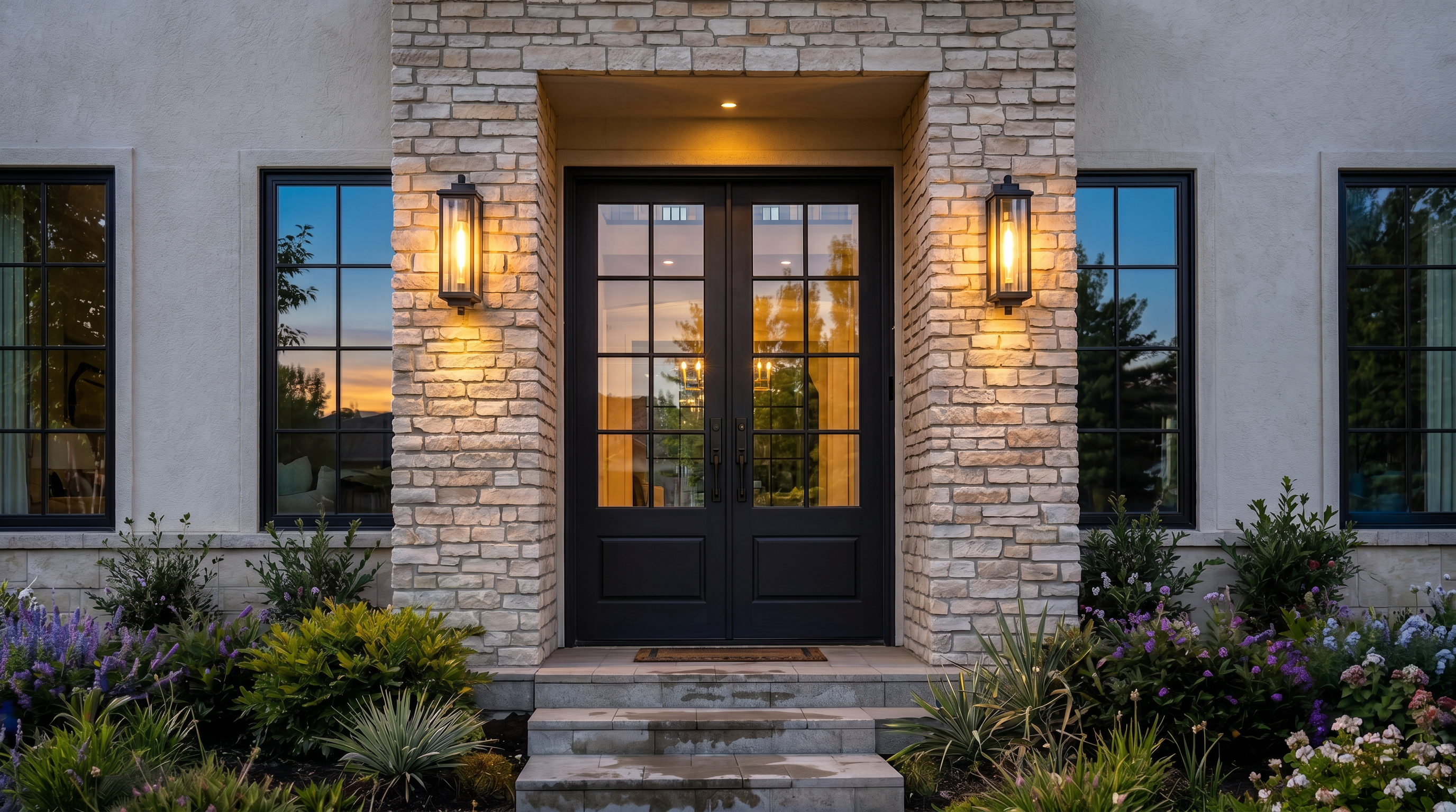 This sophisticated entryway features a grand double-door entrance framed by elegant, light-colored stone masonry and flanked by modern, vertical rectangular wall sconces. The symmetrical composition, complemented by clean-lined windows and neatly landscaped garden beds, exudes a high-end, contemporary aesthetic. The prominent stone architecture and stylish lighting create a welcoming and premium first impression for the home.