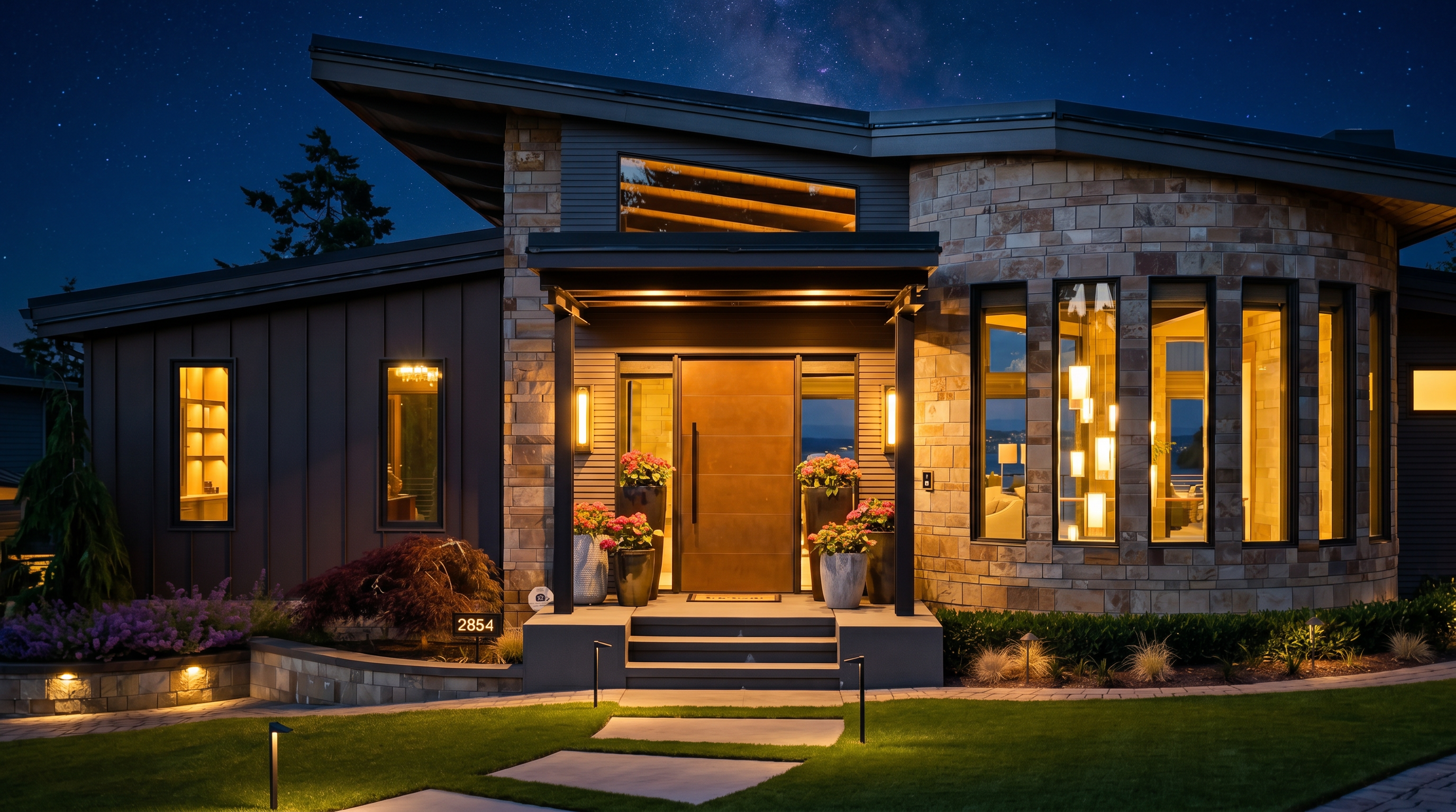 This striking modern home features a sophisticated blend of vertical metal siding and textured stone masonry, creating a high-end contemporary aesthetic. The entryway is highlighted by a large, warm-toned door sheltered by a timber-framed porch, while expansive windows on the right reveal a glimpse of the interior and the water beyond. A manicured lawn with concrete pavers leads up to the front steps, framed by lush landscaping and soft evening lighting.