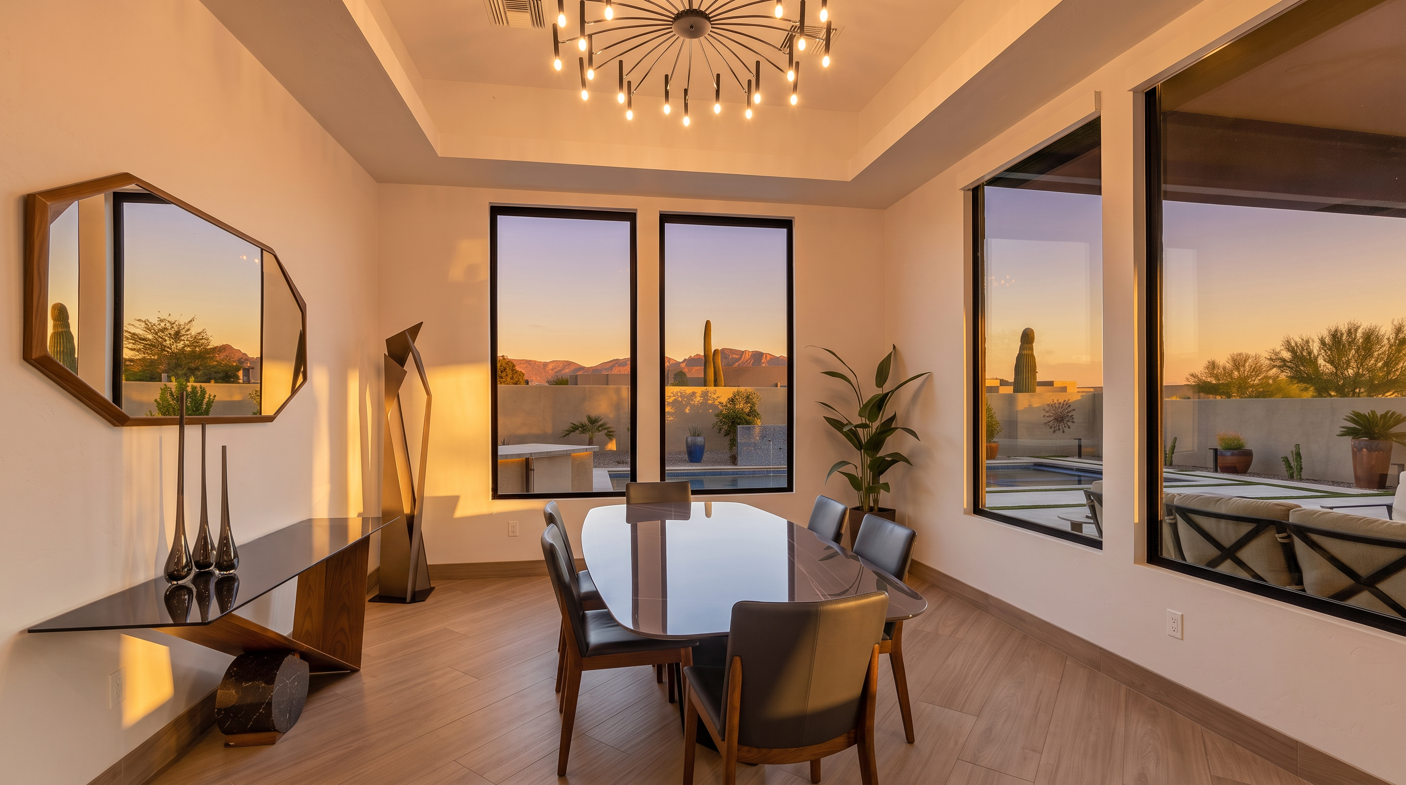 This contemporary dining room features a sleek, dark-toned oval table surrounded by six modern chairs with wood frames and dark upholstery. A striking, multi-armed sputnik-style chandelier serves as a focal point above the table, while large windows provide expansive views of the desert landscape and pool area. To the left, a sculptural console table with a geometric base and a large, angular mirror adds a sophisticated, artistic touch to the bright, open space.