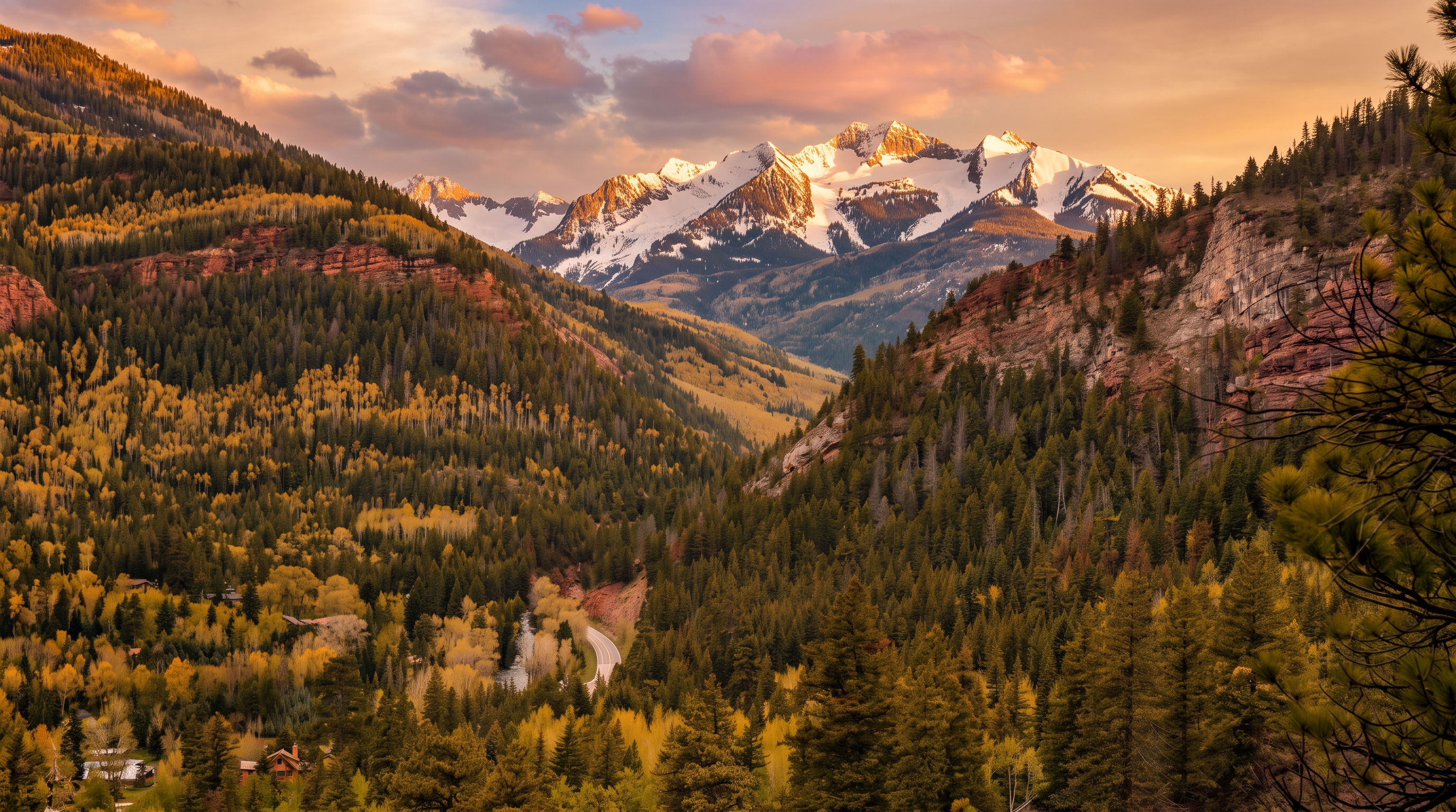 This scenic landscape shot captures a breathtaking mountain vista featuring snow-capped peaks rising above a lush, forested valley. A winding road snakes through the dense pine trees below, while a small residential structure is partially visible nestled among the greenery in the lower left foreground. The perspective is elevated, offering a wide-angle view that emphasizes the vast scale and natural beauty of the surrounding wilderness.