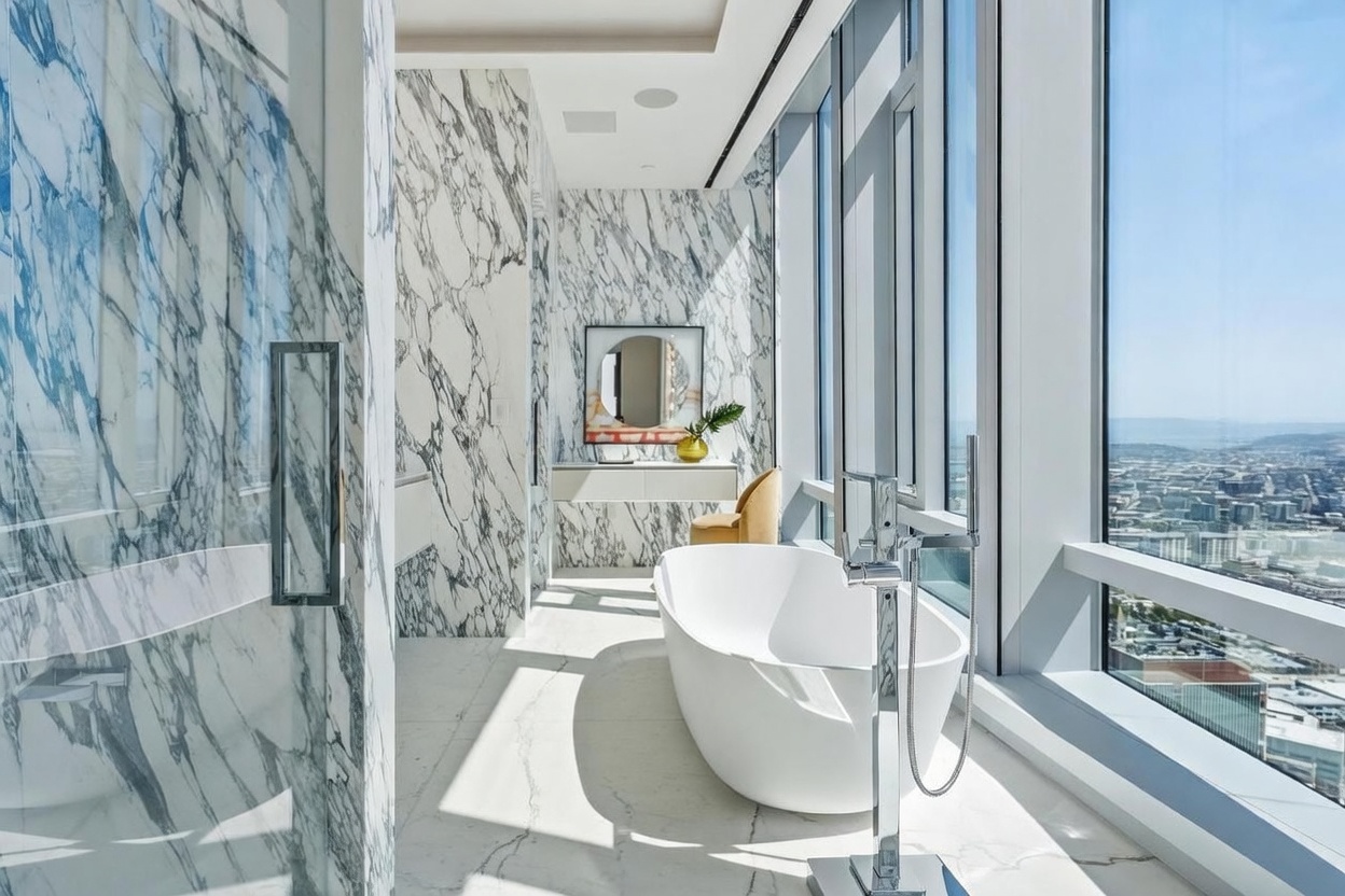 This luxurious primary bathroom features a sleek, freestanding white soaking tub positioned next to expansive floor-to-ceiling windows that offer a dramatic, elevated city view. The space is finished with striking, high-contrast patterned stone walls and matching flooring, creating a sophisticated and modern aesthetic. A minimalist vanity area with a circular mirror and a soft-toned accent chair completes the serene, high-rise retreat.