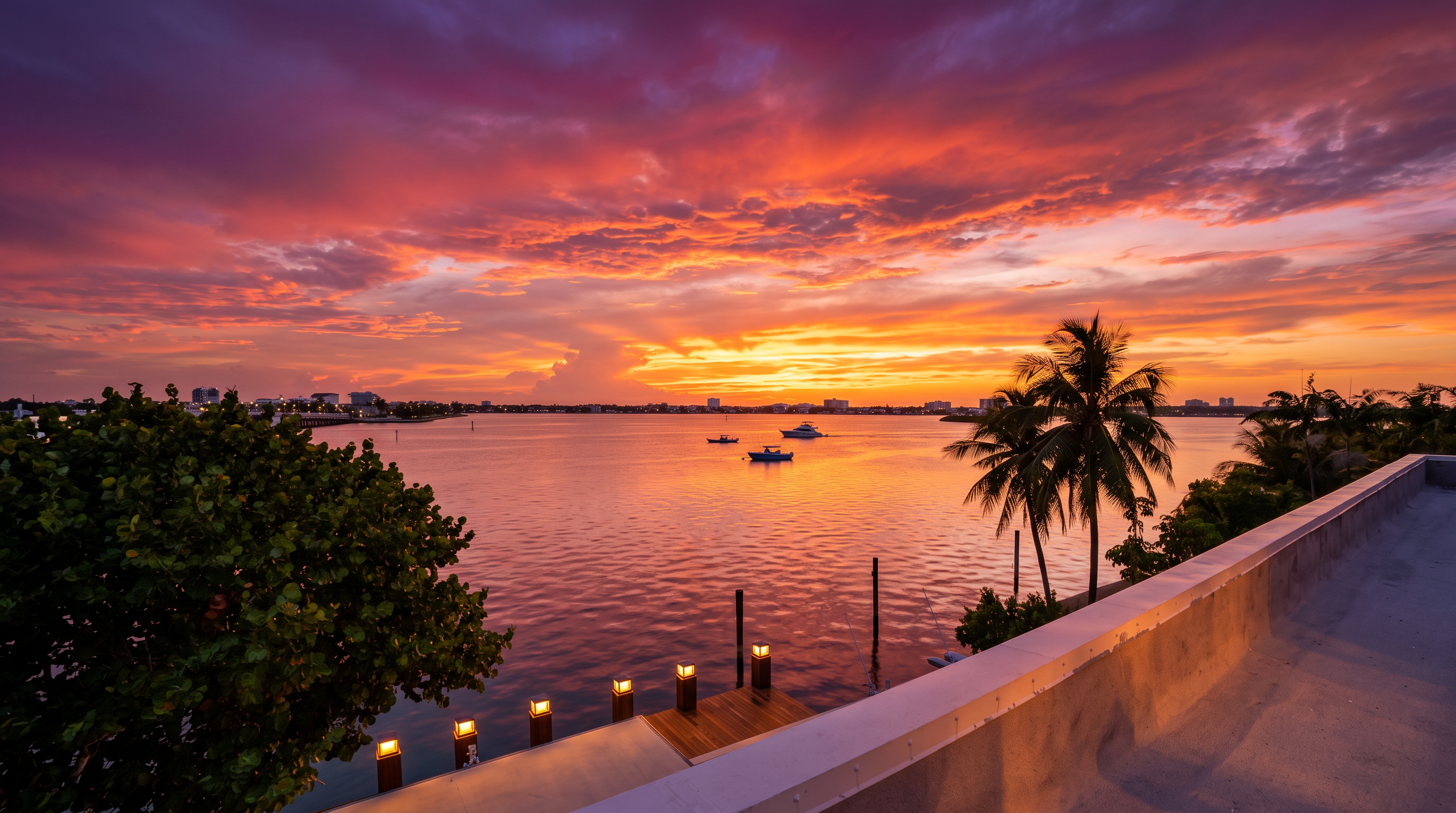 This elevated perspective captures a wide, open balcony overlooking a serene bay with calm blue waters. The scene features a wooden dock extending into the water below, framed by lush green trees and a clear, expansive sky. The vantage point provides a panoramic view of the distant shoreline, emphasizing the property's waterfront location and tranquil atmosphere.