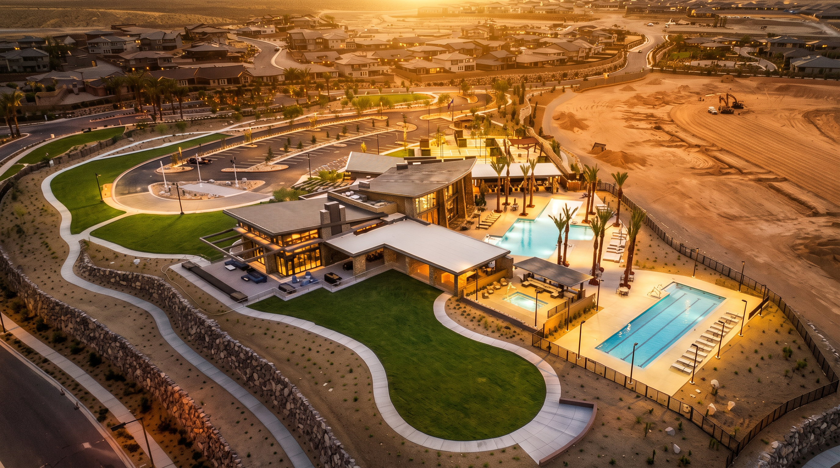 This is an impressive aerial view of a luxury community clubhouse at night, showcasing modern architectural design and extensive resort-style amenities. Key features include two distinct swimming pools, a spacious grassy courtyard, and a well-lit parking area. The property is beautifully integrated into the surrounding landscape, highlighting an upscale and inviting lifestyle for residents.
