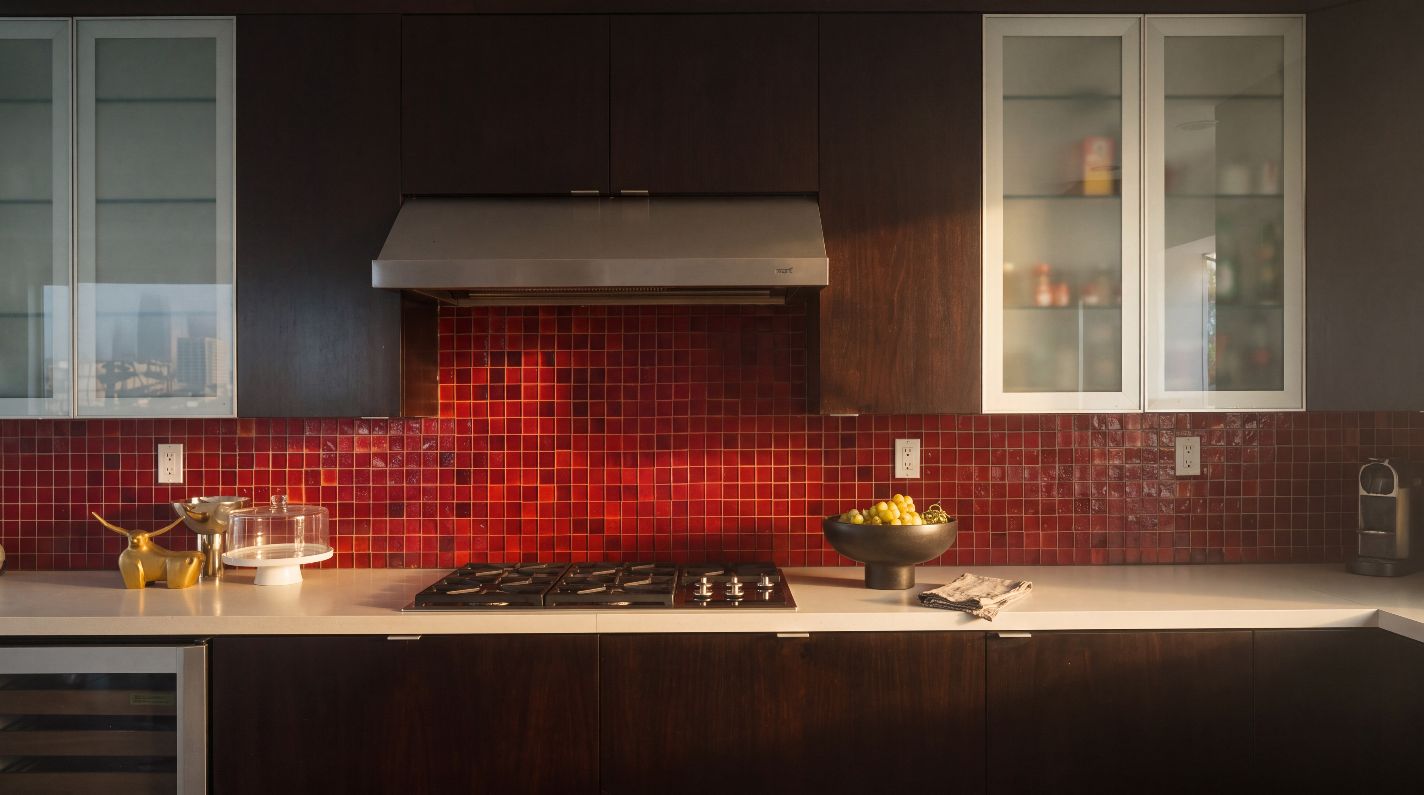 This modern kitchen features dark, flat-panel cabinetry contrasted by a vibrant red square-tile backsplash. A stainless steel range hood sits above a gas cooktop, while the light-toned countertop provides a clean workspace. The composition is a straight-on, eye-level shot that highlights the bold color palette and sleek, contemporary design.