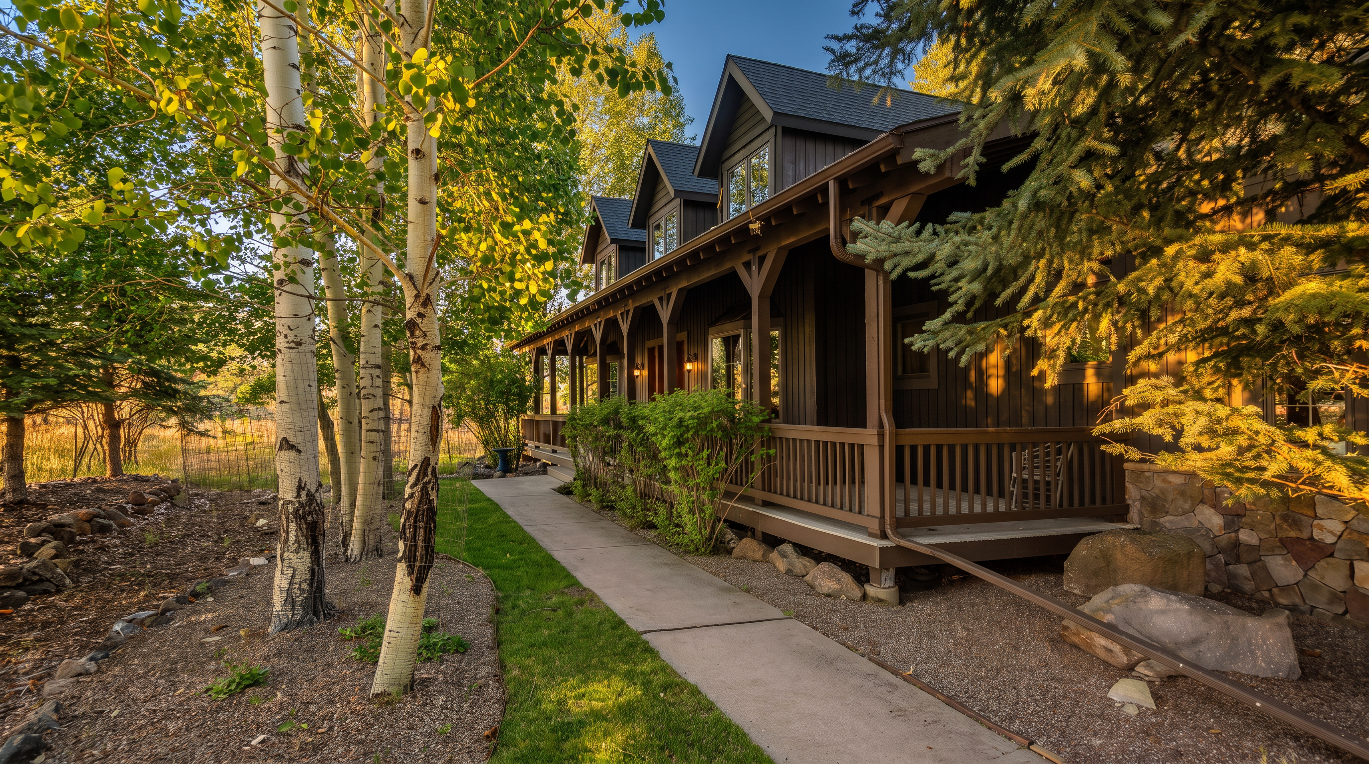 This exterior side view showcases a rustic-style home with dark wood siding and a wrap-around porch featuring sturdy wooden railings. A paved walkway leads past a row of tall aspen trees and landscaped shrubs, creating a cozy and inviting atmosphere. The integration of stone foundation elements and mature evergreens contributes to the overall mountain-inspired, peaceful aesthetic.