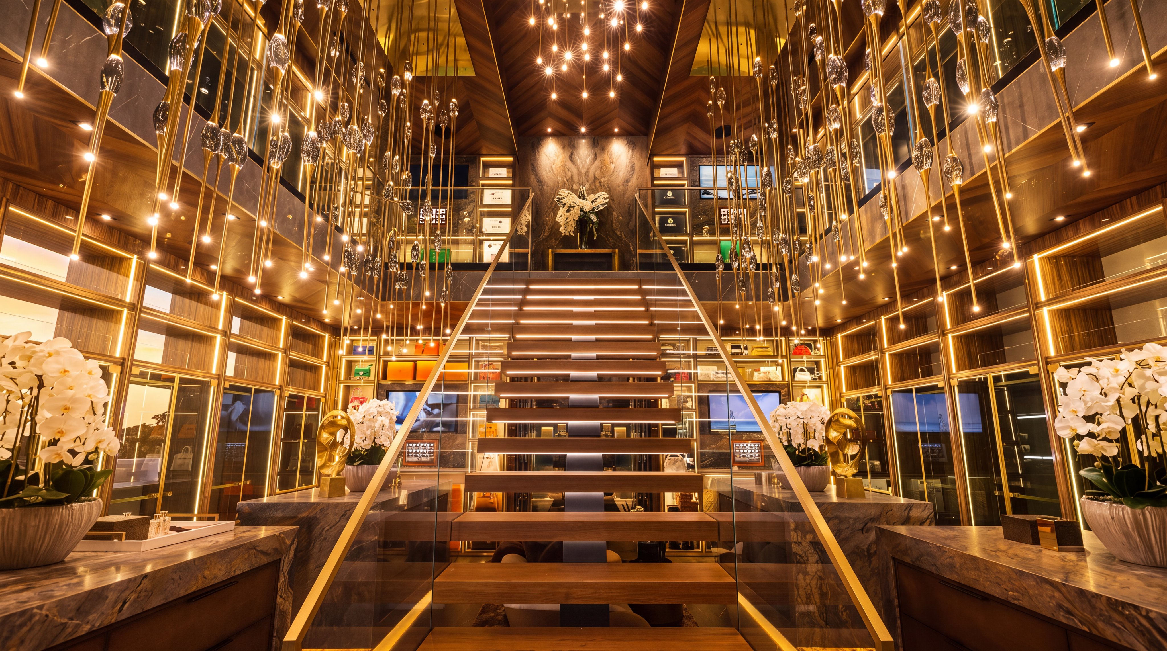 This opulent, multi-level walk-in closet features a grand central staircase with glass railings, serving as the focal point of the space. The room is lined with extensive shelving and cabinetry displaying luxury handbags and accessories, accented by warm integrated lighting and a dramatic, cascading crystal chandelier. The perspective is symmetrical and centered, emphasizing the high-end, boutique-like atmosphere and sophisticated design of this expansive dressing area.