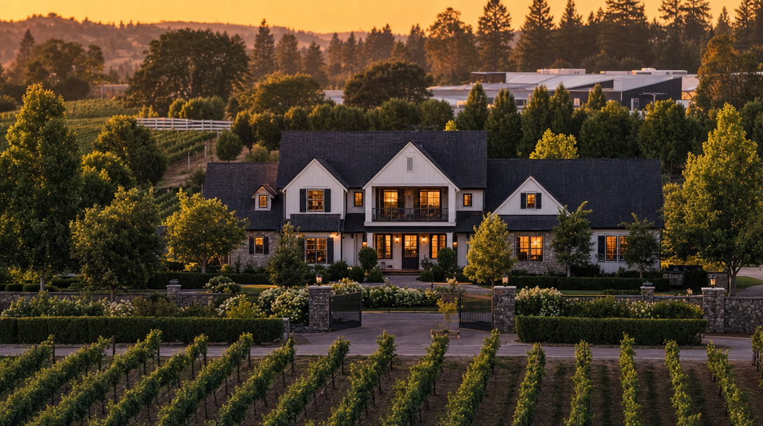 This elegant custom estate features a classic farmhouse aesthetic with a symmetrical white facade, dark trim, and a high-pitched roof. Nestled behind a gated entrance and surrounded by lush greenery and vineyard rows, the home exudes a refined, peaceful atmosphere. Warm golden-hour lighting enhances its inviting, luxurious curb appeal, making it a standout property.