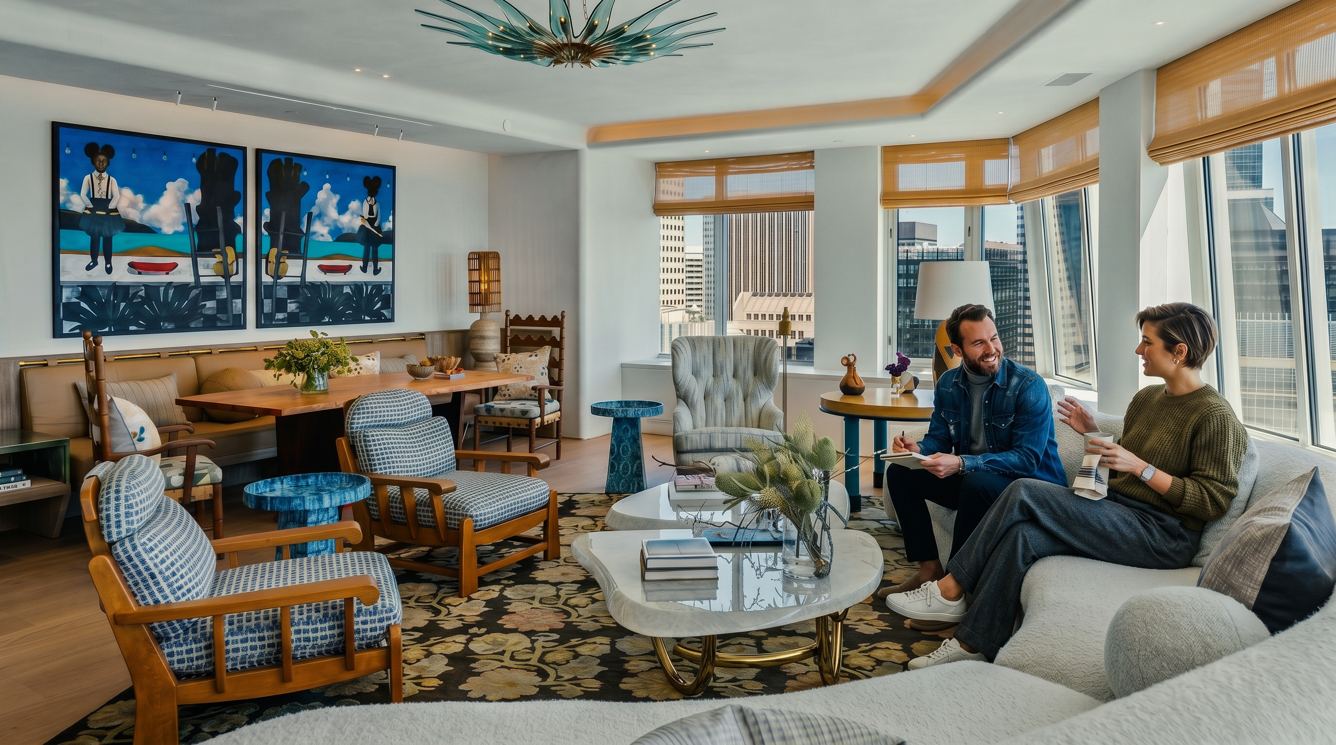 This expansive, light-filled living and dining area features a sophisticated open-concept layout with a large, curved sectional sofa and a patterned area rug. The space is adorned with unique artistic accents, including two large, vibrant paintings on the wall and a striking starburst-style chandelier. Large windows with woven shades provide ample natural light and views of the surrounding urban skyline, creating a luxurious and inviting atmosphere.