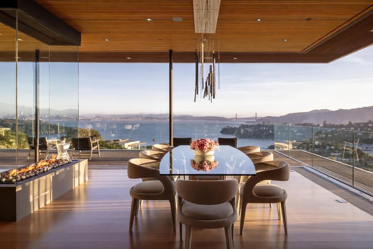 This sophisticated dining room features a glass-topped table surrounded by curved, upholstered chairs, set against a backdrop of expansive, floor-to-ceiling glass walls that frame a panoramic view of the bay and distant city skyline. The space is defined by warm wood ceilings and flooring, with a linear, modern light fixture suspended above the table and a sleek, low-profile fireplace integrated into a stone-clad hearth to the left. The open-concept design seamlessly connects the interior dining area to an outdoor deck, creating a luxurious and airy atmosphere.