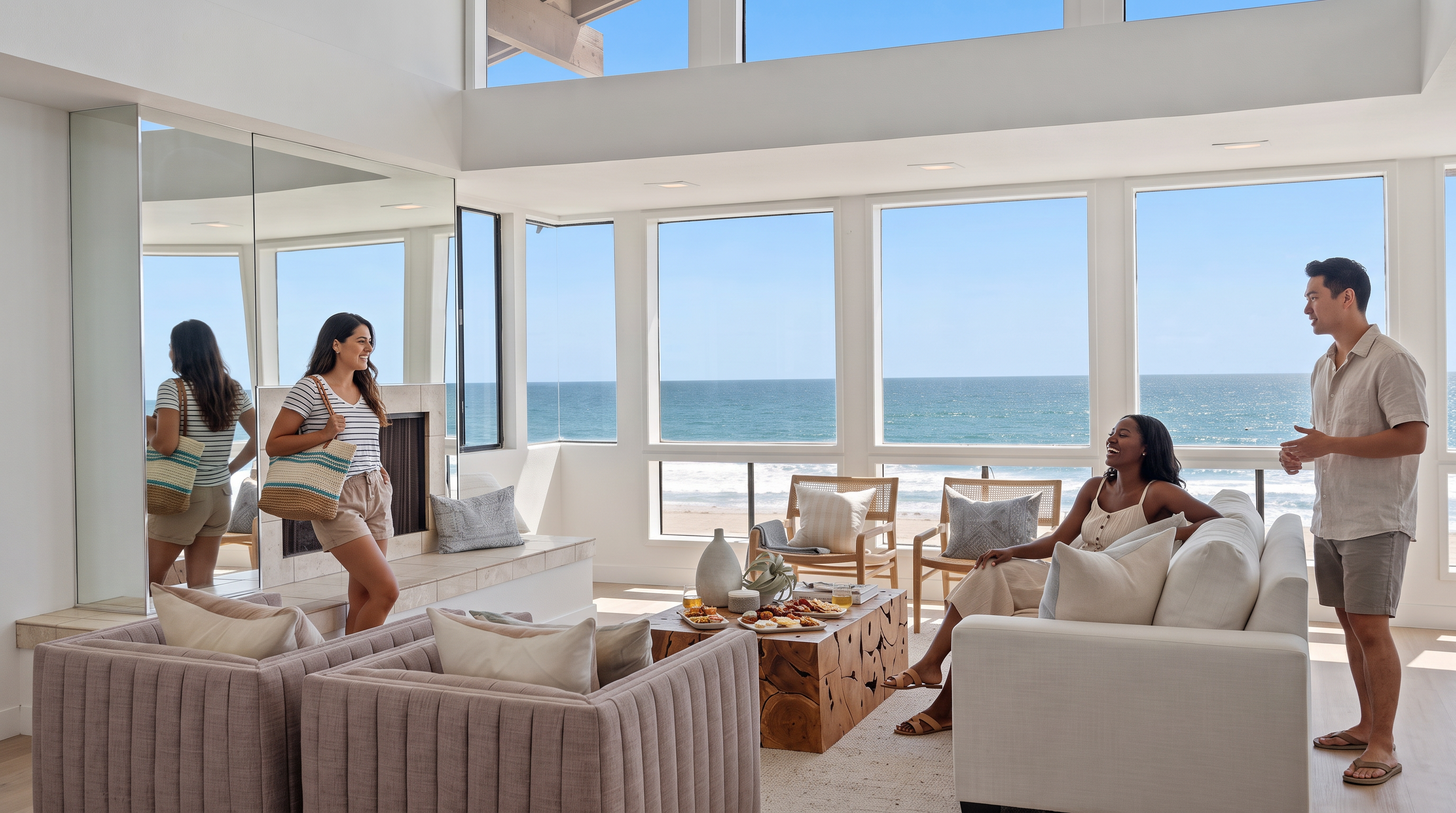 This spacious, light-filled living room features expansive floor-to-ceiling ocean views, a comfortable seating arrangement with neutral-toned sofas, and chairs, and an artisanal wooden coffee table. The open-concept design is accentuated by high ceilings, a mirrored wall section enhancing the sense of brightness, and a coastal-modern aesthetic. It creates a serene and inviting atmosphere, perfect for relaxed entertaining against the backdrop of the beach.