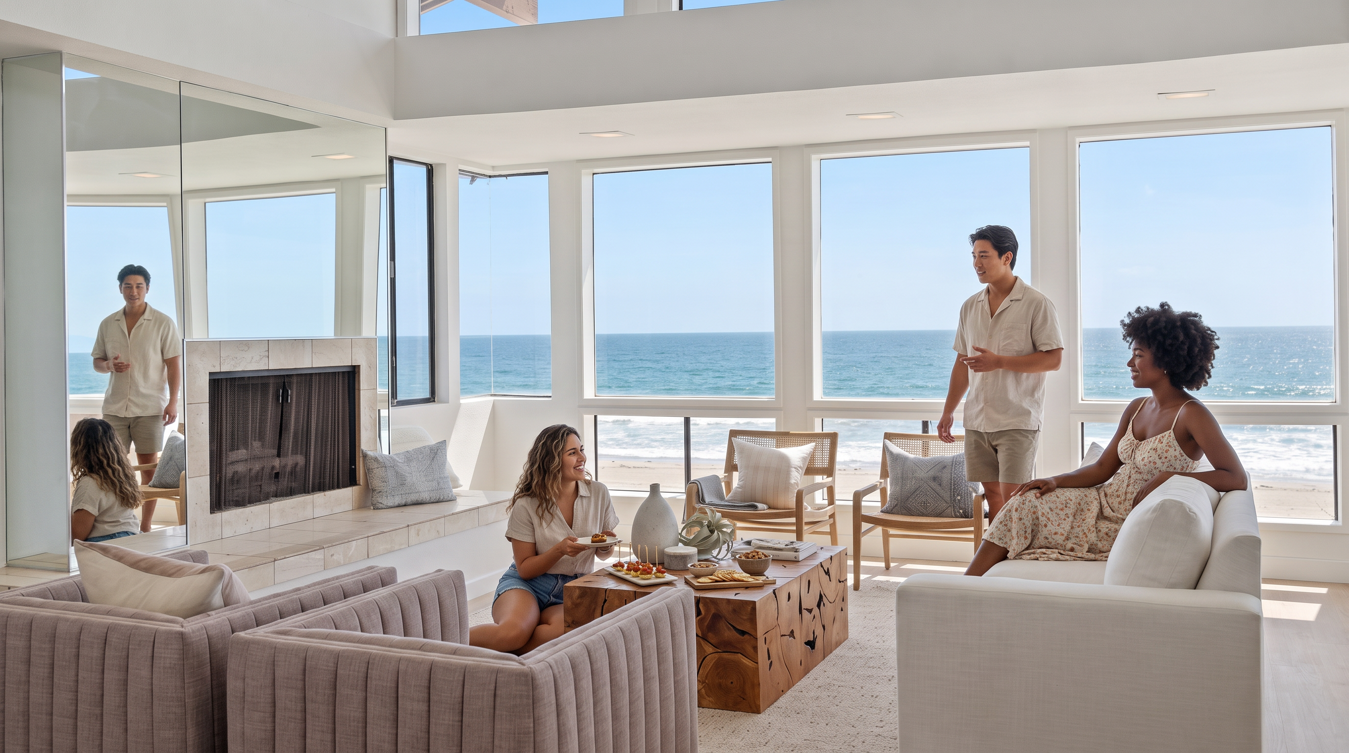This bright and airy living room features a neutral color palette and a direct, unobstructed view of the ocean through expansive windows. The space is furnished with plush, light-toned seating arranged around a unique, natural-wood coffee table, while a fireplace with a tiled surround adds a focal point to the room. The high, vaulted ceiling and open layout create a sense of spaciousness, perfectly framing the coastal scenery.