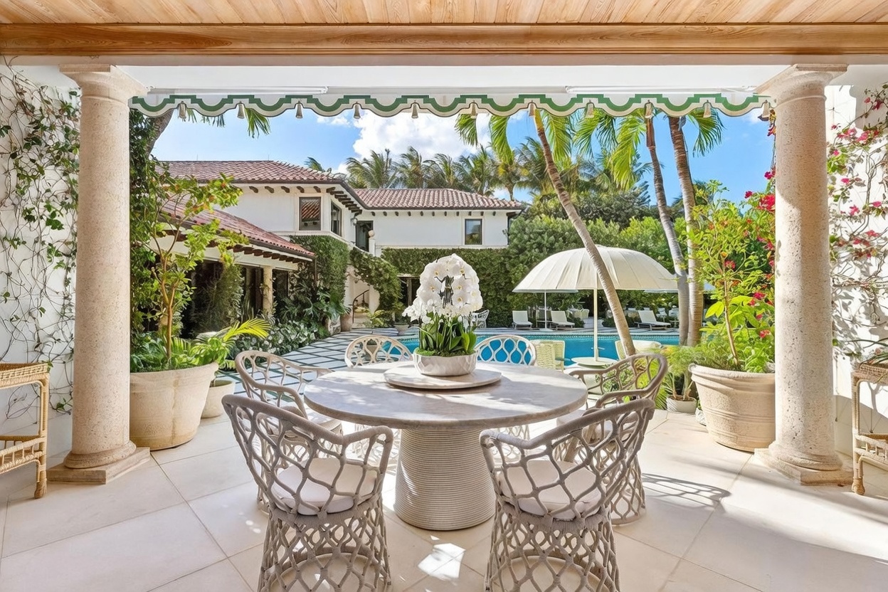 This elegant covered patio offers a sophisticated outdoor dining space framed by classic stone columns and a scalloped green-and-white awning. A round stone-topped table with woven chairs sits at the center, overlooking a lush courtyard featuring a swimming pool, manicured greenery, and a white umbrella. The Mediterranean-style architecture, characterized by white stucco walls and a red-tiled roof, creates a serene and luxurious atmosphere.