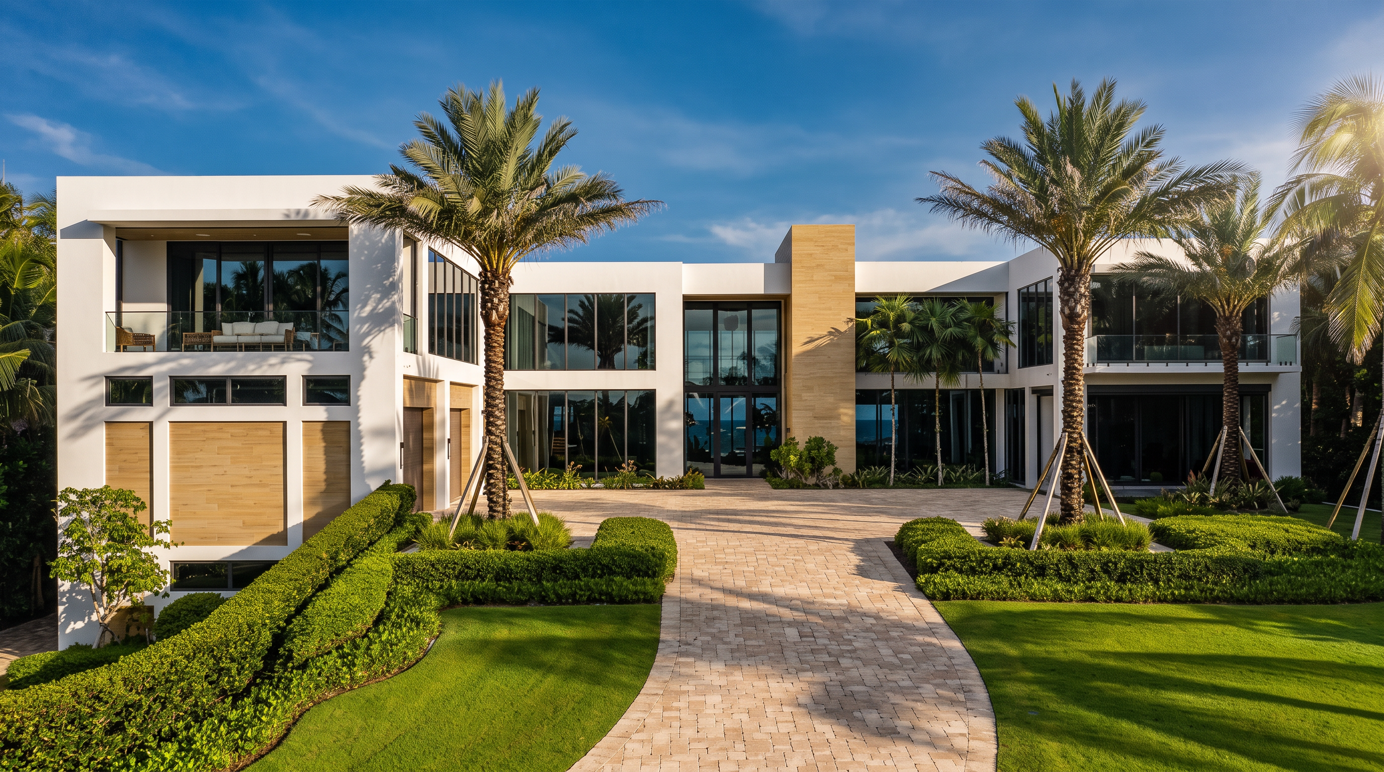 This striking modern estate features a clean, white geometric facade with expansive glass walls and a central stone-clad accent pillar. A wide, paved driveway leads directly to the grand entrance, flanked by manicured green lawns and lush tropical landscaping including mature palm trees. The bright blue sky provides a vibrant backdrop, emphasizing the home's contemporary architectural design and symmetrical layout.