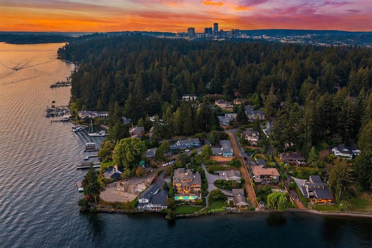 This high-angle aerial view captures a luxurious waterfront estate nestled along a lush, tree-lined shoreline at sunset. The property features a private dock, a swimming pool, and expansive grounds, all set against the backdrop of a vibrant orange and purple sky with a distant city skyline visible across the water. The perspective emphasizes the prime location and the serene, upscale nature of the residential neighborhood.
