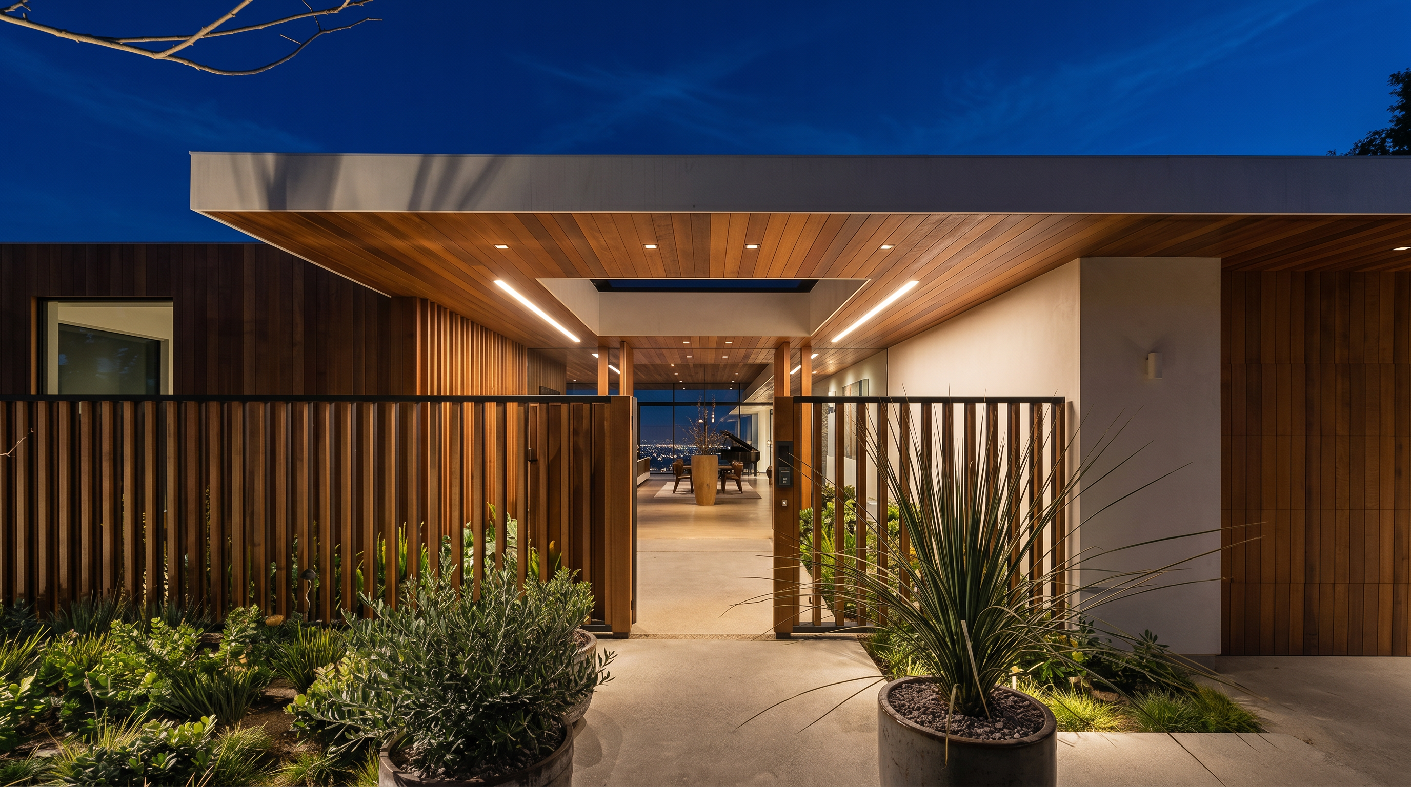 This striking modern entryway features a minimalist design with warm wood paneling, a flat roofline, and a central skylight that draws the eye toward the open-concept interior. A slatted wooden fence provides privacy while framing the path, complemented by lush potted plants and a clean concrete walkway. The perspective is a straight-on, eye-level shot that emphasizes the seamless transition between the exterior architecture and the home's interior living space.