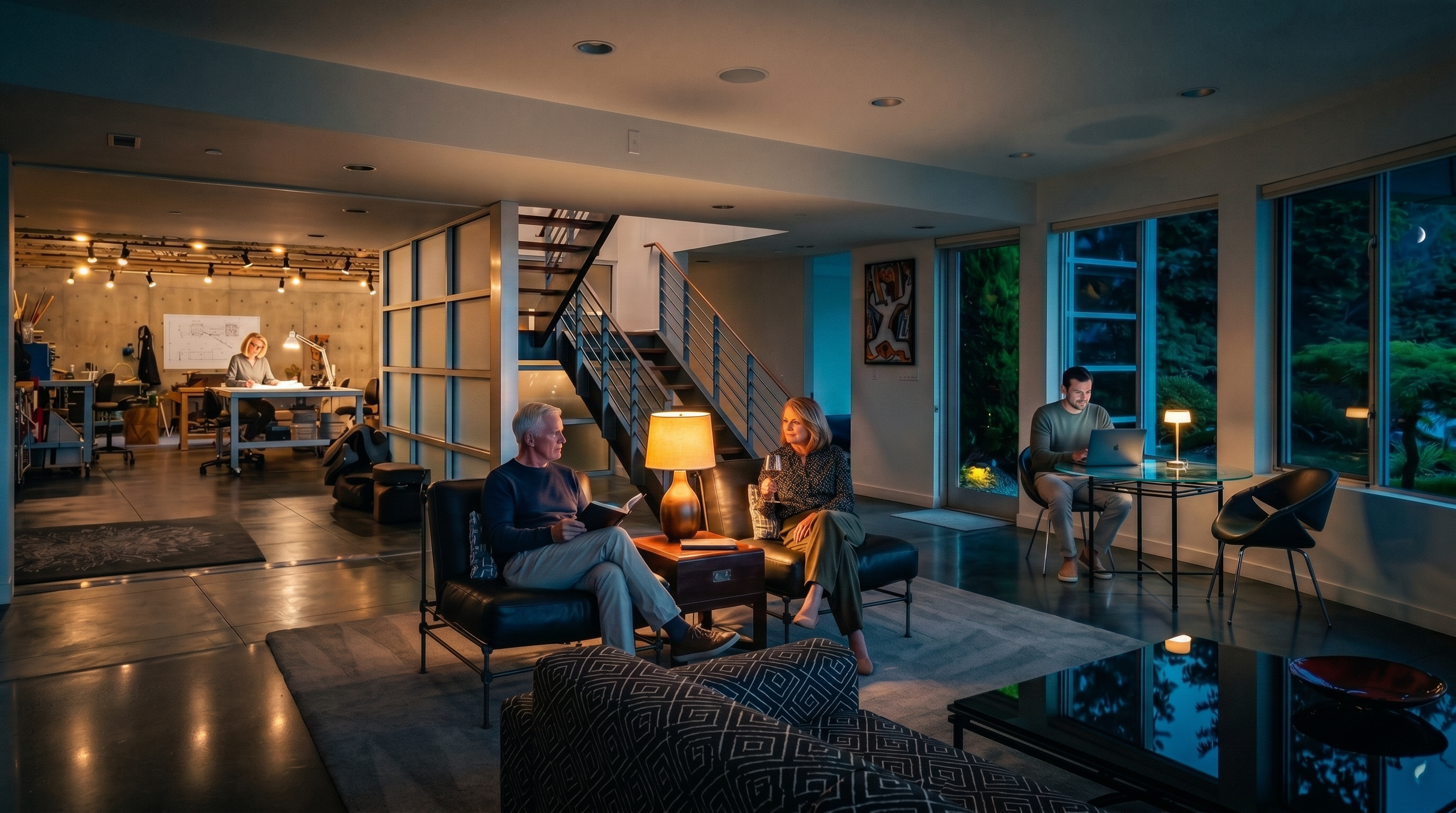 This spacious, open-concept living area features polished concrete floors and a contemporary aesthetic with a large patterned sofa and two leather armchairs. A central staircase with metal railings serves as a striking architectural focal point, leading to an upper level, while a secondary workspace area is visible in the background. Large windows provide ample natural light and a view of the lush greenery outside, creating a seamless connection between the modern interior and the outdoors.