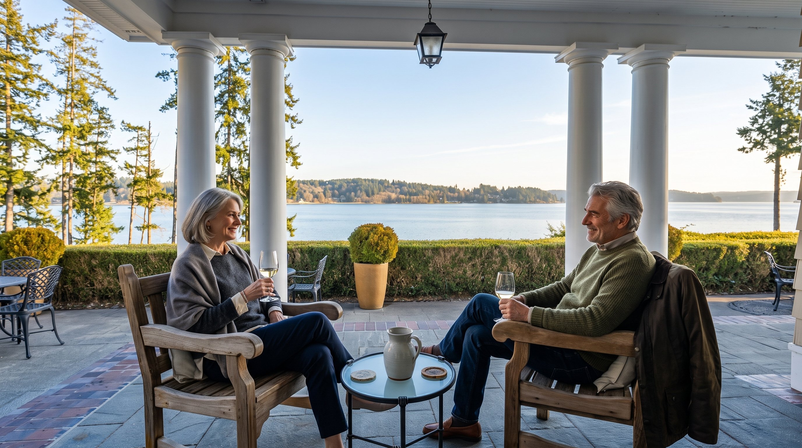 This covered patio offers a serene, elevated view of a calm body of water framed by lush, forested hills. The space is defined by classic white columns and stone-tiled flooring, furnished with two wooden armchairs and a small glass-topped table. A neatly manicured hedge provides a natural boundary, creating a peaceful and inviting outdoor living area.