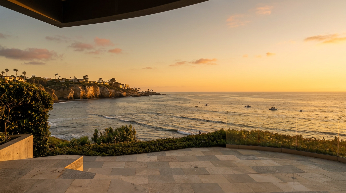 This expansive stone-paved terrace offers a panoramic, unobstructed view of the Pacific Ocean and a rugged coastline. A sleek glass railing provides safety without compromising the sightline, while a low hedge separates the patio from the natural landscape below. The scene captures a serene, high-end coastal living experience with a clear blue sky overhead.