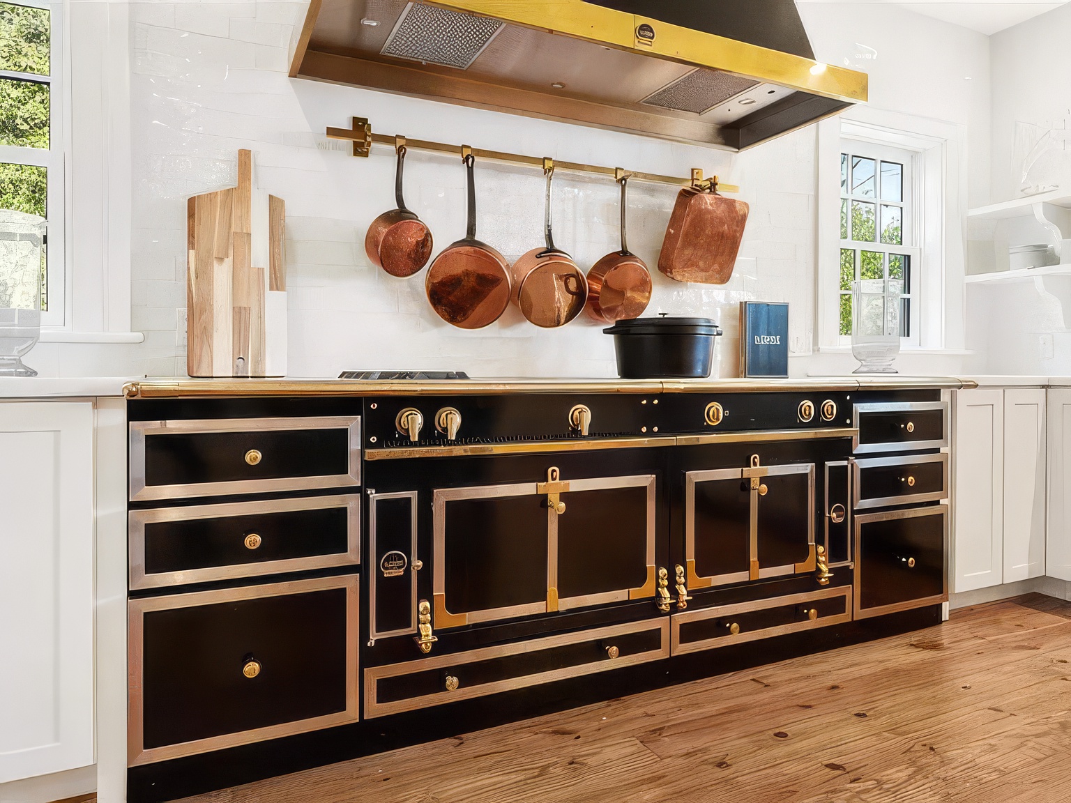 This high-end kitchen features a prominent, professional-grade black and brass range as the centerpiece, set against a white subway tile backsplash. A matching brass pot rack hangs above, displaying a collection of copper cookware, while a large wooden cutting board leans against the wall. The space is finished with warm wood flooring and clean, classic cabinetry, creating a sophisticated and culinary-focused atmosphere.