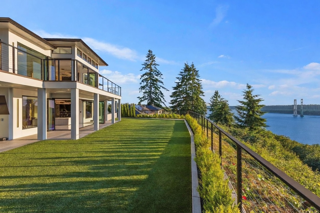 This expansive, manicured lawn offers a serene outdoor living space adjacent to a modern, multi-level home with large windows and a glass-railed balcony. The property features a sleek metal railing along the edge of the yard, which overlooks a scenic body of water and a distant bridge. The bright, sunny atmosphere and clear blue sky emphasize the home's prime waterfront location and contemporary architectural design.