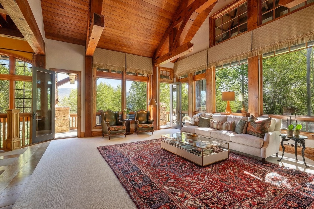 This spacious living room features a vaulted wood-paneled ceiling with exposed timber beams, creating a warm and rustic atmosphere. Large windows line the walls, offering abundant natural light and views of the surrounding trees, while a large, intricate patterned rug anchors the seating area. The room is furnished with a plush sofa, two armchairs, and a glass-topped coffee table, all arranged to emphasize the open and airy layout.