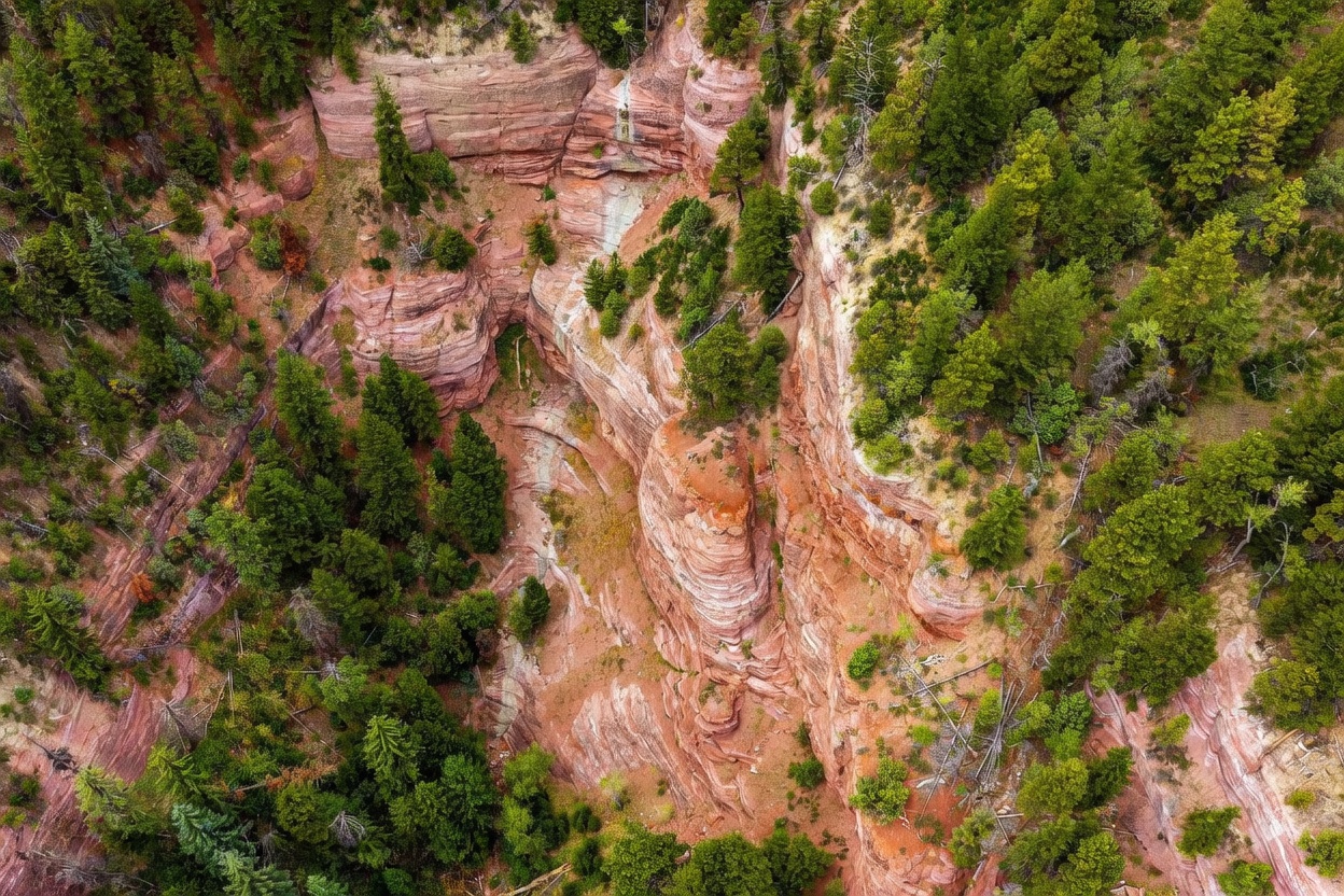 This aerial perspective captures a rugged, natural canyon landscape characterized by dramatic, layered red rock formations and steep cliffs. The terrain is densely populated with evergreen trees, creating a striking contrast between the deep green foliage and the earthy, textured stone walls. The view provides a high-angle look into the depths of the geological feature, emphasizing the raw, untouched beauty of the property's surroundings.