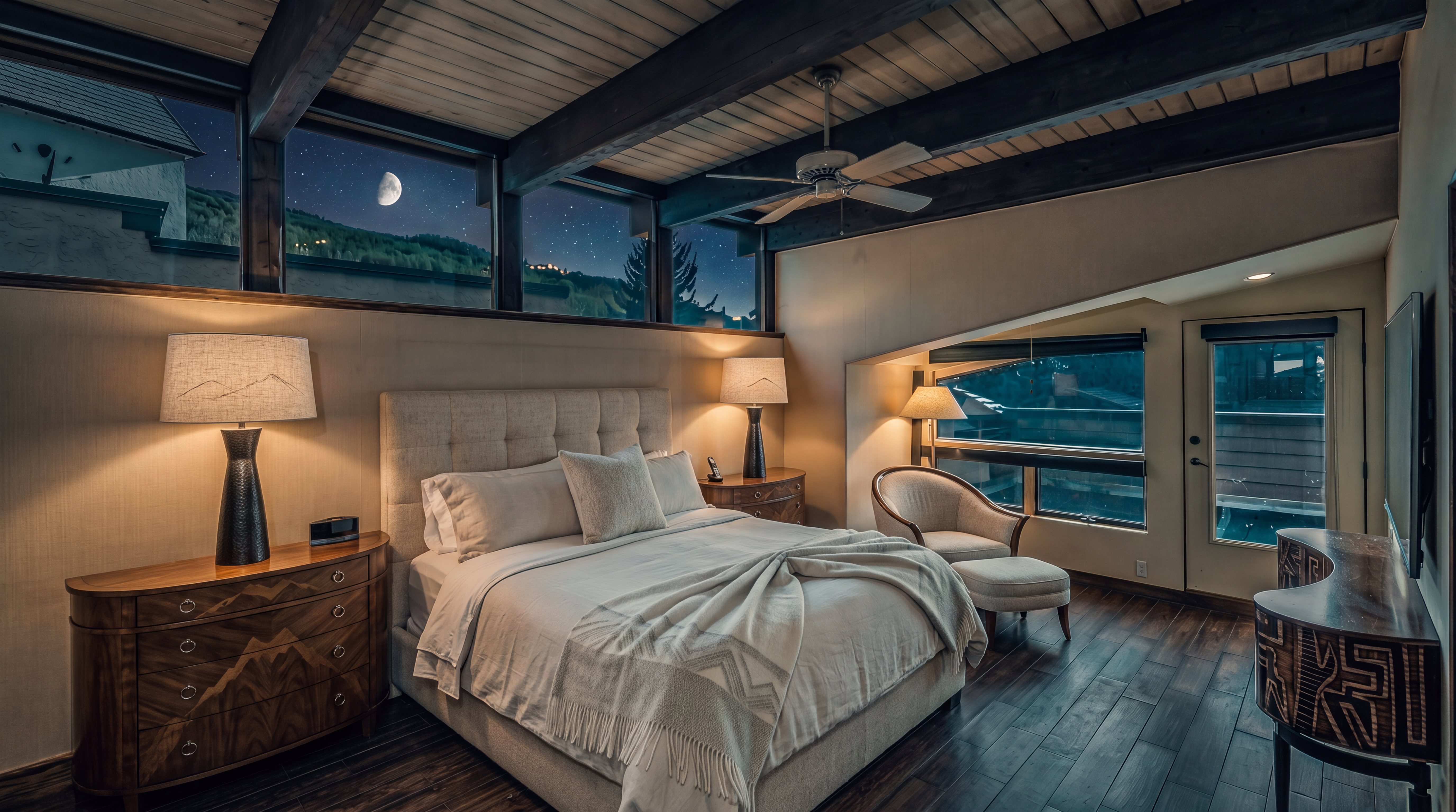 This primary bedroom features a vaulted ceiling with exposed dark wood beams and a series of clerestory windows that flood the space with natural light. The room is furnished with a bed centered between two dark wood nightstands, a chaise lounge with an ottoman, and a sleek, curved media console. Dark wood flooring runs throughout the space, which also includes a glass door leading to an outdoor area, creating a bright and airy atmosphere.