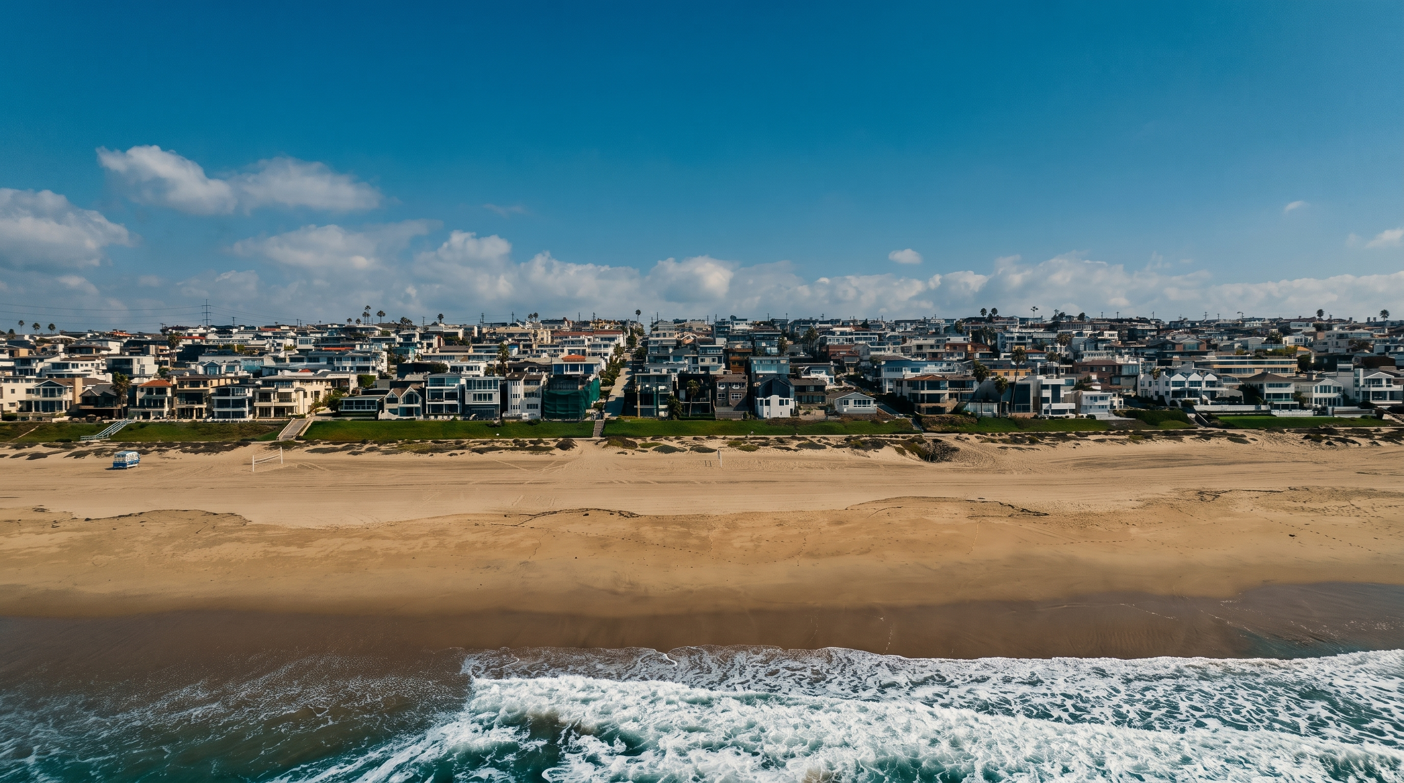 This wide-angle aerial perspective captures a sprawling coastal neighborhood situated directly along a sandy beach. The scene features a dense collection of multi-story residential homes with varied architectural styles, all enjoying immediate proximity to the ocean. The foreground shows the expansive, light-colored sand of the beach meeting the rolling surf, providing a clear view of the prime waterfront location.