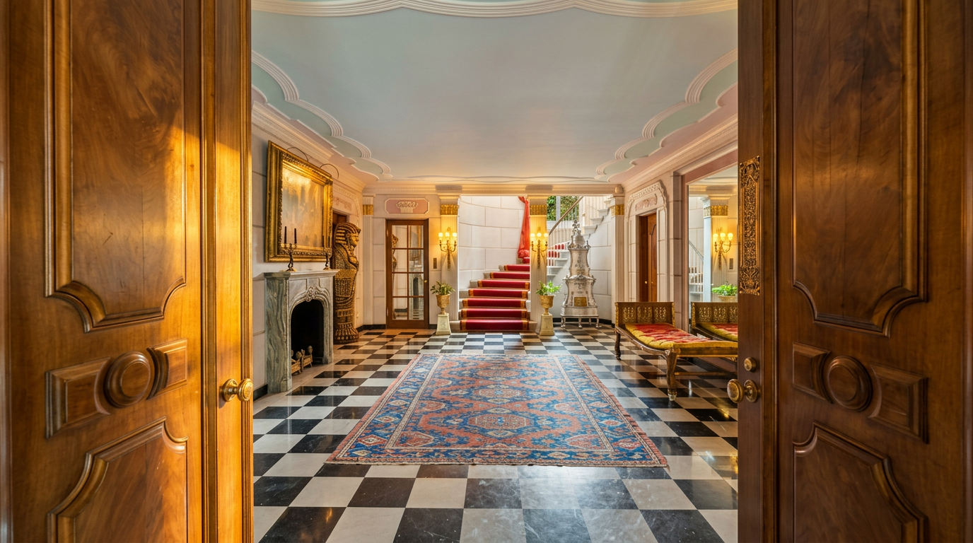 This grand foyer is captured from the perspective of someone standing in an open doorway, looking into a formal entrance hall. The space features a striking black-and-white checkered floor, a large ornate rug, and a sweeping staircase with a red runner leading to the upper level. Architectural details include a decorative fireplace with a gold-framed mirror above it, a tall statue, and a unique metallic stove, all set beneath a coved ceiling with intricate molding.